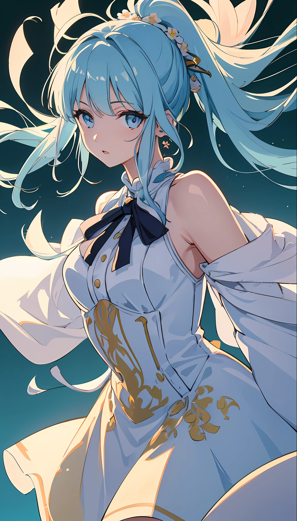 (masterpiece), (best quality), (ultra detailed),(disheveled hair),(illustration), (1girl), (Fashionable clothing), standing, Fashion model, looking at viewer, (interview), (simple background),beautiful detailed eyes, delicate beautiful face, Floating,(high saturation),(colorful splashes),colorful bubble,(shining), focus on face, ponytail, kamisato ayaka, light blue hair, bangs, hair ring, floating flowers, floating hairs, (shining), best lighting, best shadow,