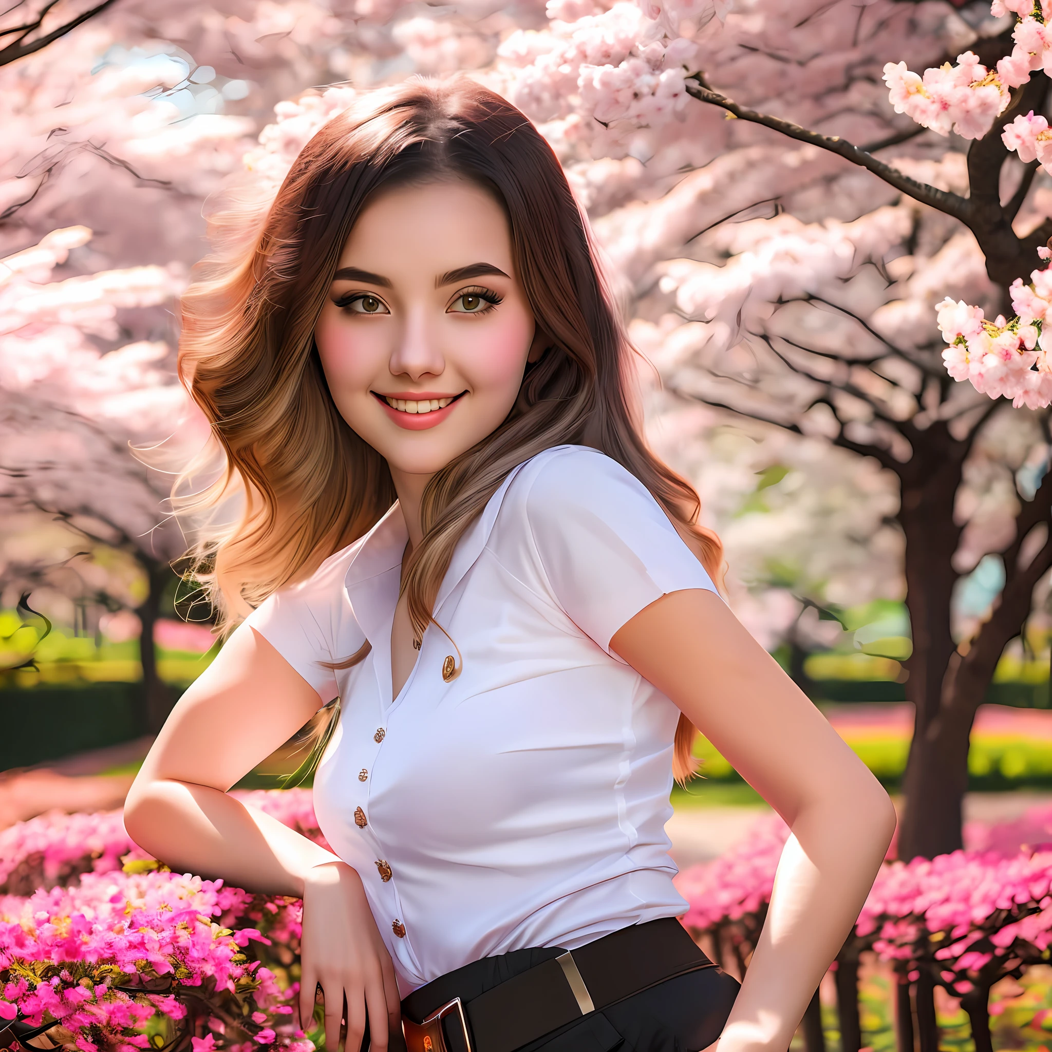 A beautiful portrait (head to waist portrait) of a 20 year old pretty young woman, realistic photo, hyper real, wearing sunglass, beautiful cherry blossom tree background, studio lightings, portrait photography