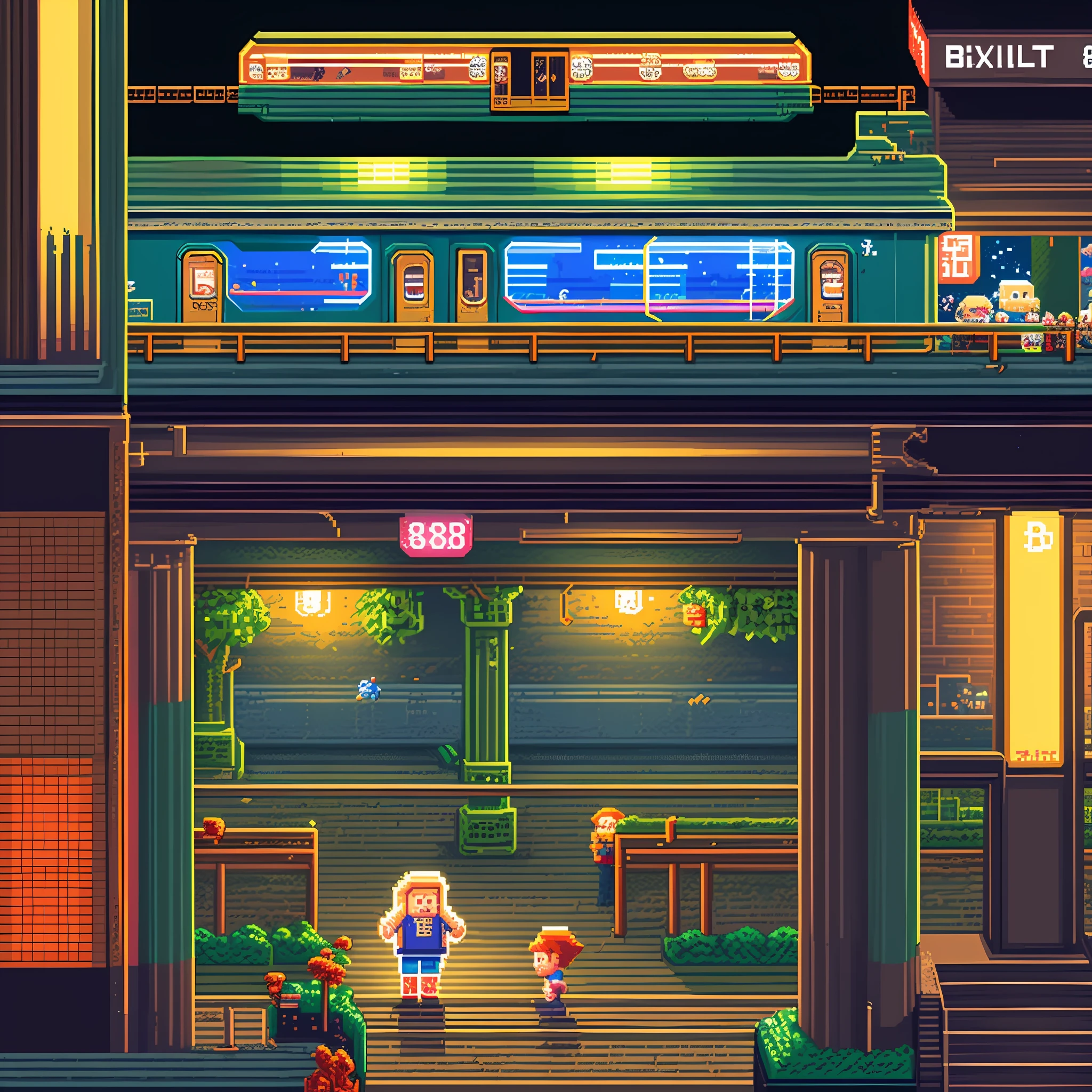 ((8bit, pixel art, 8k)), Tokyo at night, futuristic train, viaduct, people coming and going