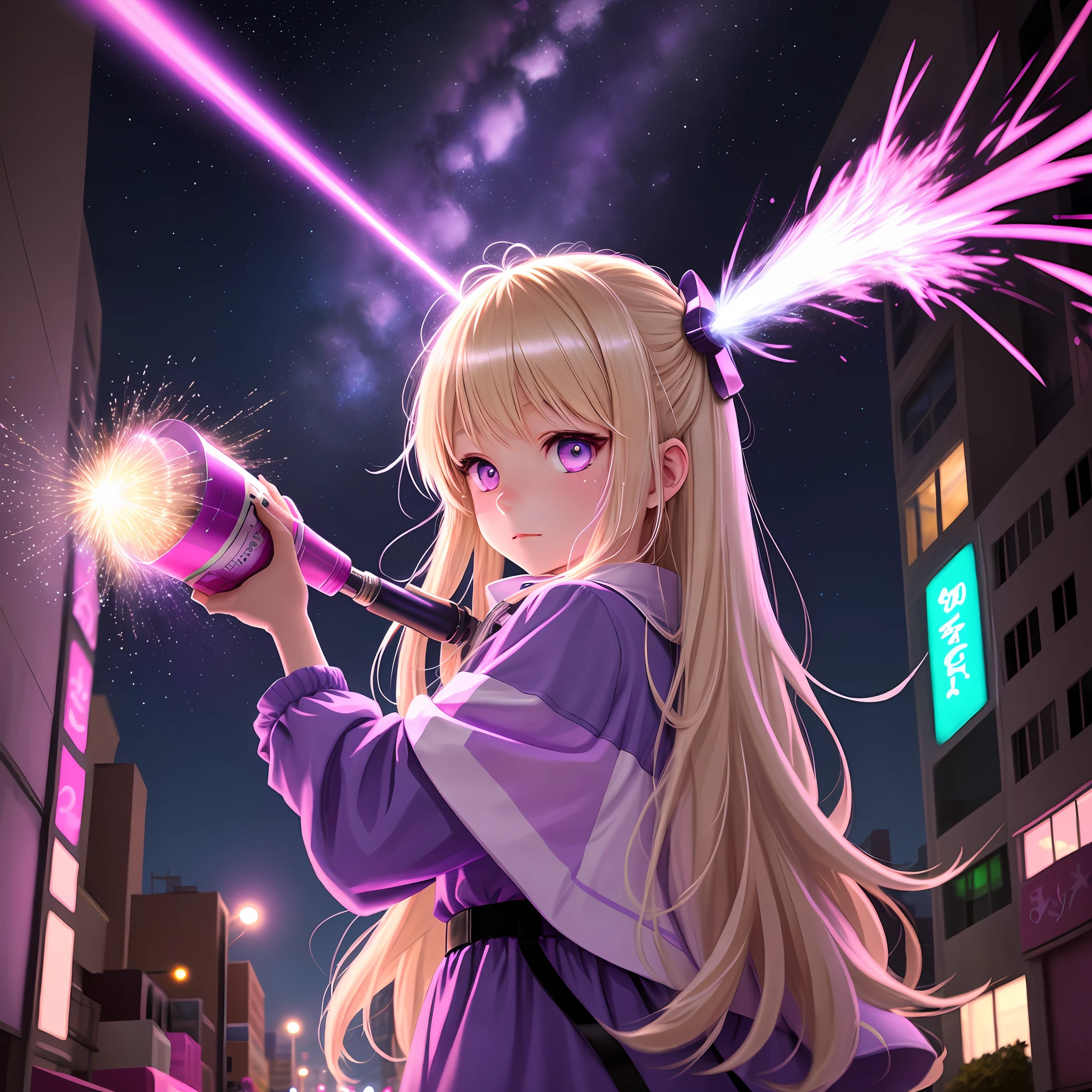 Anime light blonde haired girl with violet eyes spraying stars with a spray paint can in a pink neon city street under starry sky