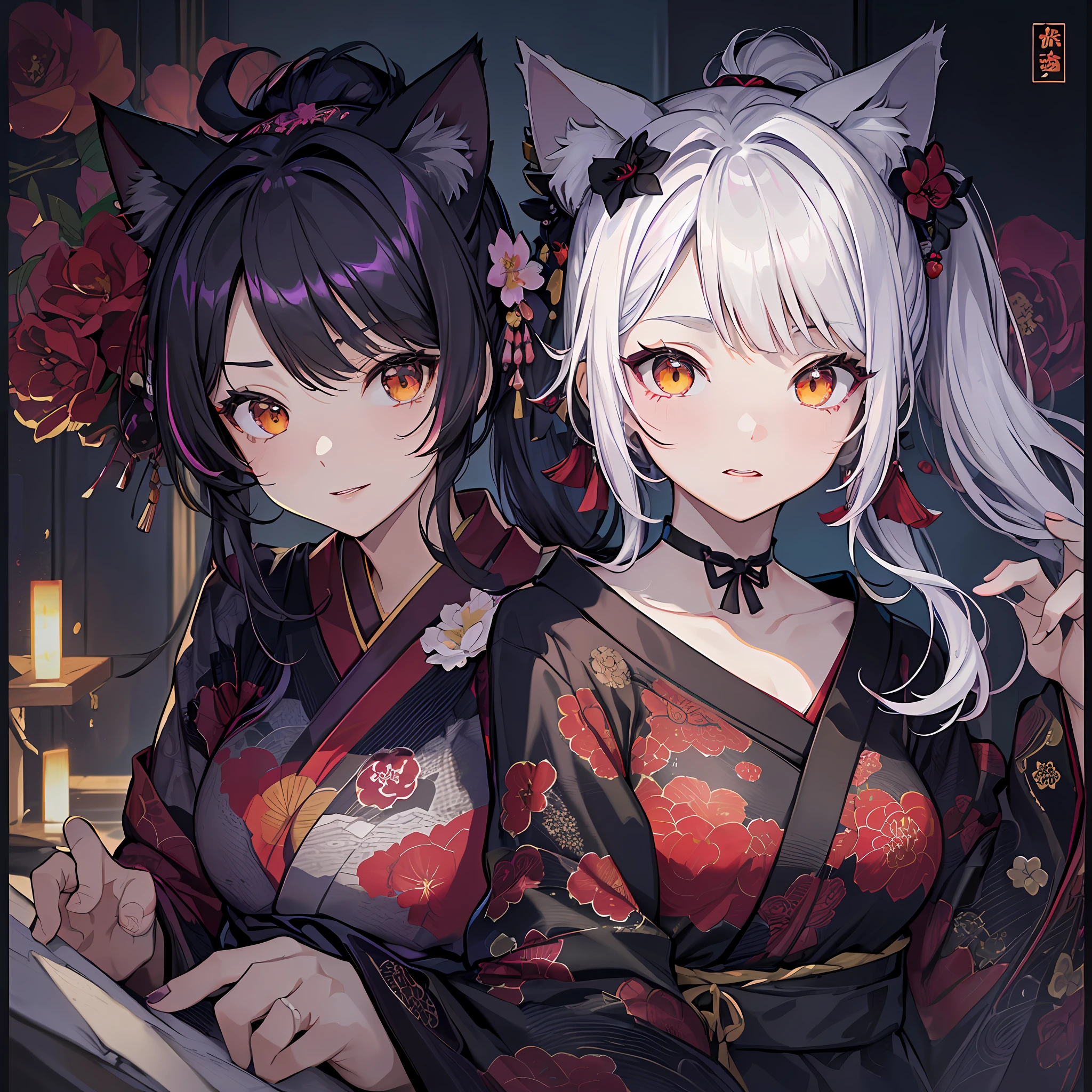masterpiece, high resolution, high quality, bedroom, night, supporting breasts, 2 girls, (black kimono, purple hair ornament, big, cat ears, floral pattern, red eyes, black hair, ponytail), seduction, (white kimono, red hair ornament, big, cat ears, floral pattern, yellow eyes, white hair, twin tails),