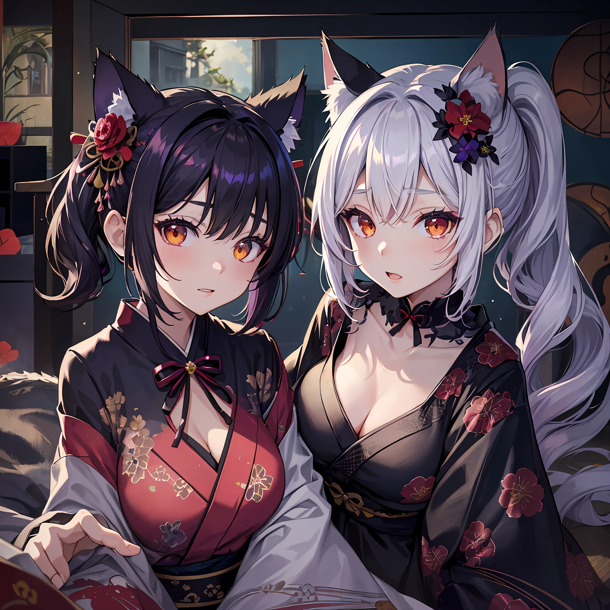 masterpiece, high resolution, high quality, bedroom, night, supporting breasts, 2 girls, (black kimono, purple hair ornament, big, cat ears, floral pattern, red eyes, black hair, ponytail), seduction, (white kimono, red hair ornament, big, cat ears, floral pattern, yellow eyes, white hair, twin tails),