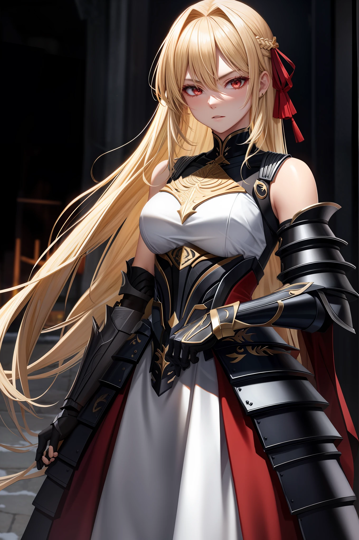 Blonde Woman Black Armor White Red Eyes Tai Dao Indifferent Holding Tai Dao Cold Blooded Cruel Shoulderless Armor Black Dress Dark Gold