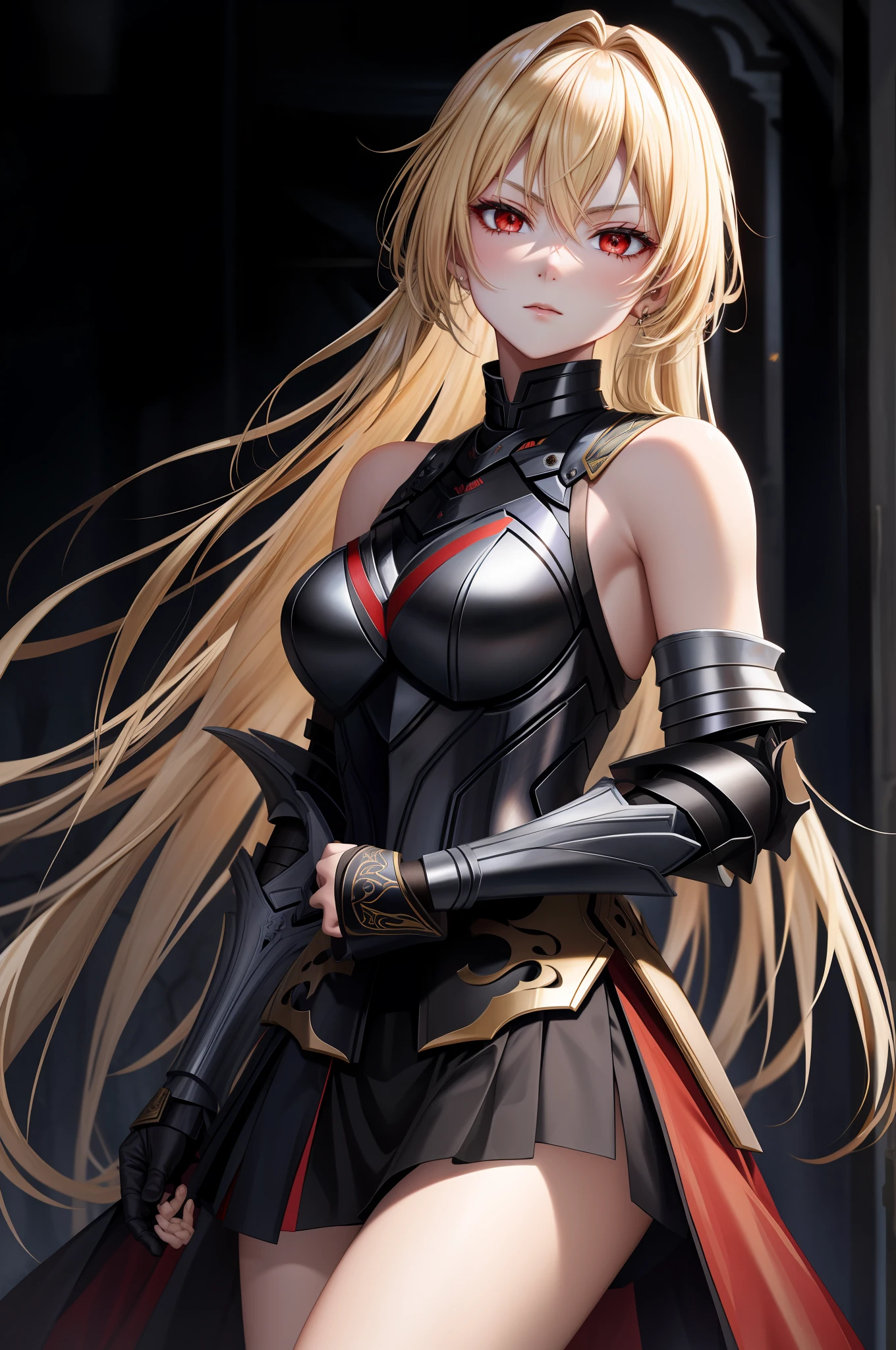 Blonde Woman Black Armor White Red Eyes Tai Dao Indifferent Holding Tai Dao Cold Blooded Cruel Shoulderless Armor Black Dress Dark Gold Holding Black Holy Sword