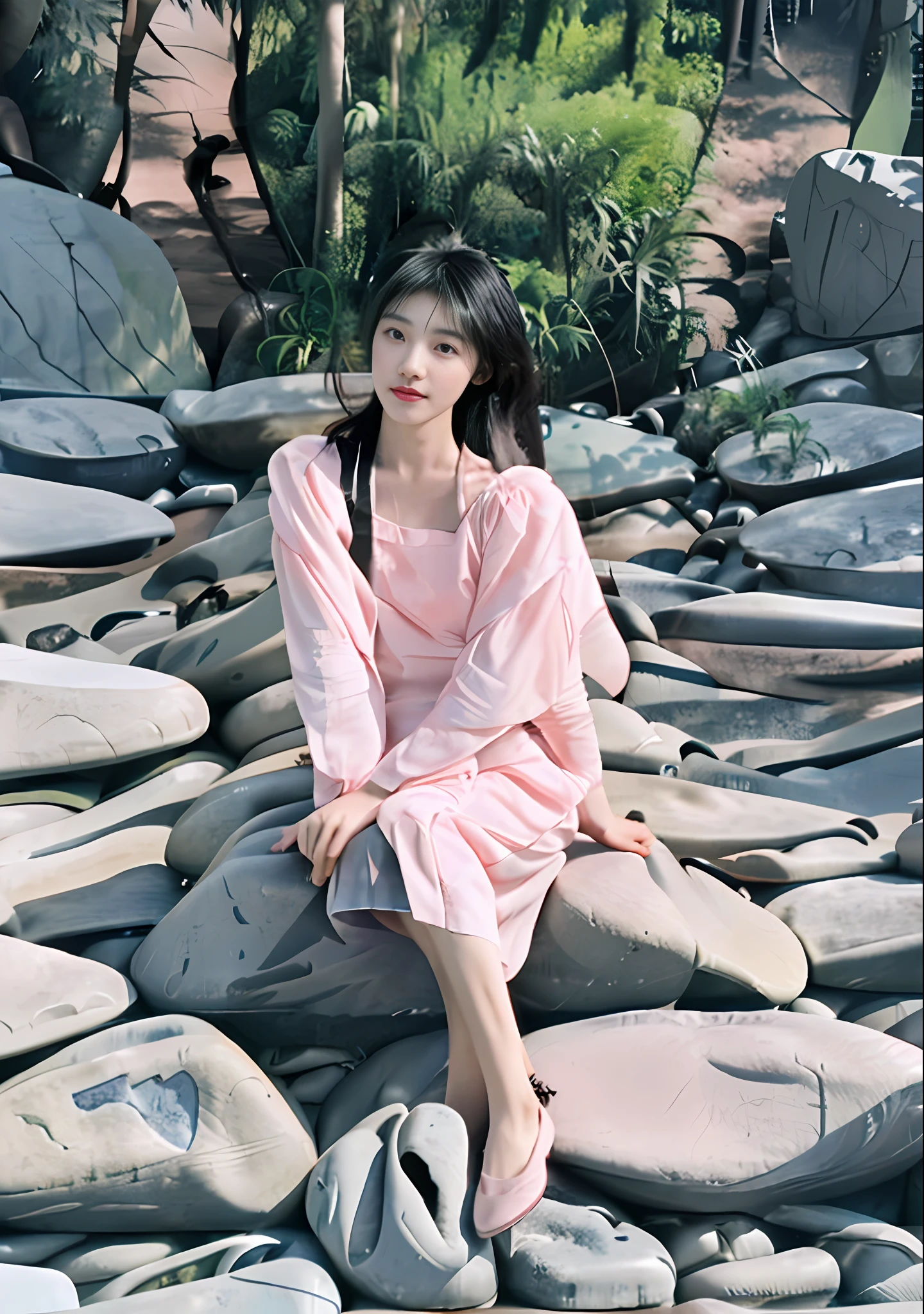 Alafeld woman sitting on a rock, black hair, legs crossed, translucent clothes, wet clothes, looming pink lingerie, beautiful Korean woman, young sexy intaglio idol, gorgeous Chinese model, young asian girl, Sakimichan, Bae Susi,