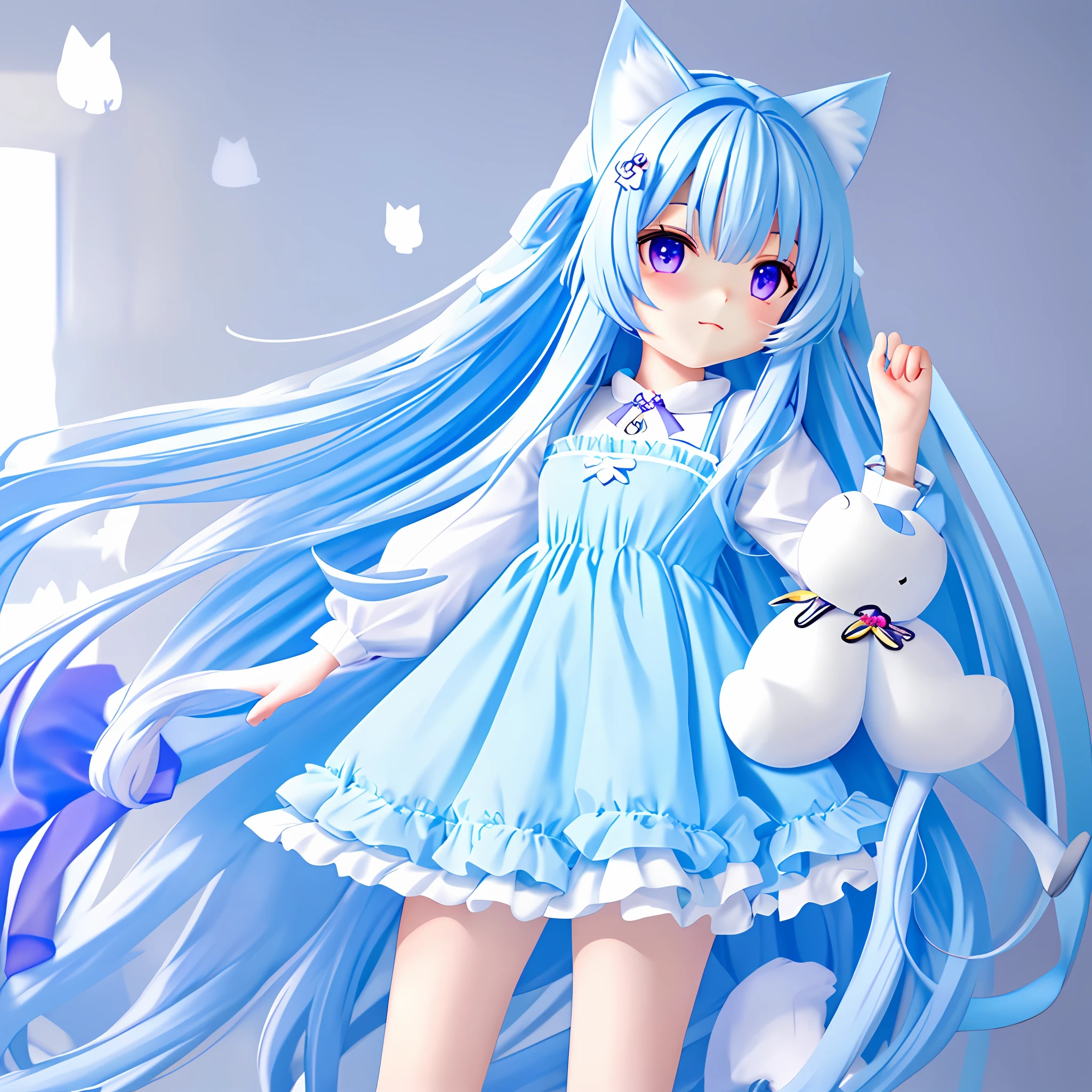 Light blue long hair, cat ears, cute, light blue dress, purple eyes