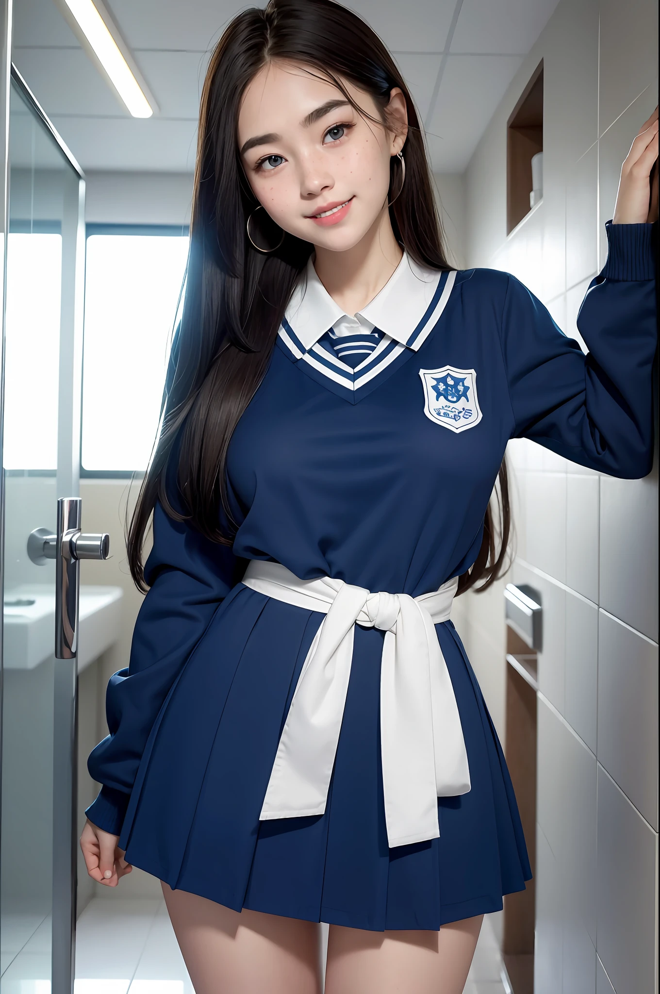 1girl, white skin, long hair, korean, young, bright blue eyes, thick eyebrows, freckles on skin, head tilted, one ear out, smiling, teeth out, school uniform, standing, full picture, tight big waist, wide thighs, wide thigh gap, on all fours, inside restroom cubicle, with one boy, without dress hyper-realistic, high detail, 8k, masterpiece