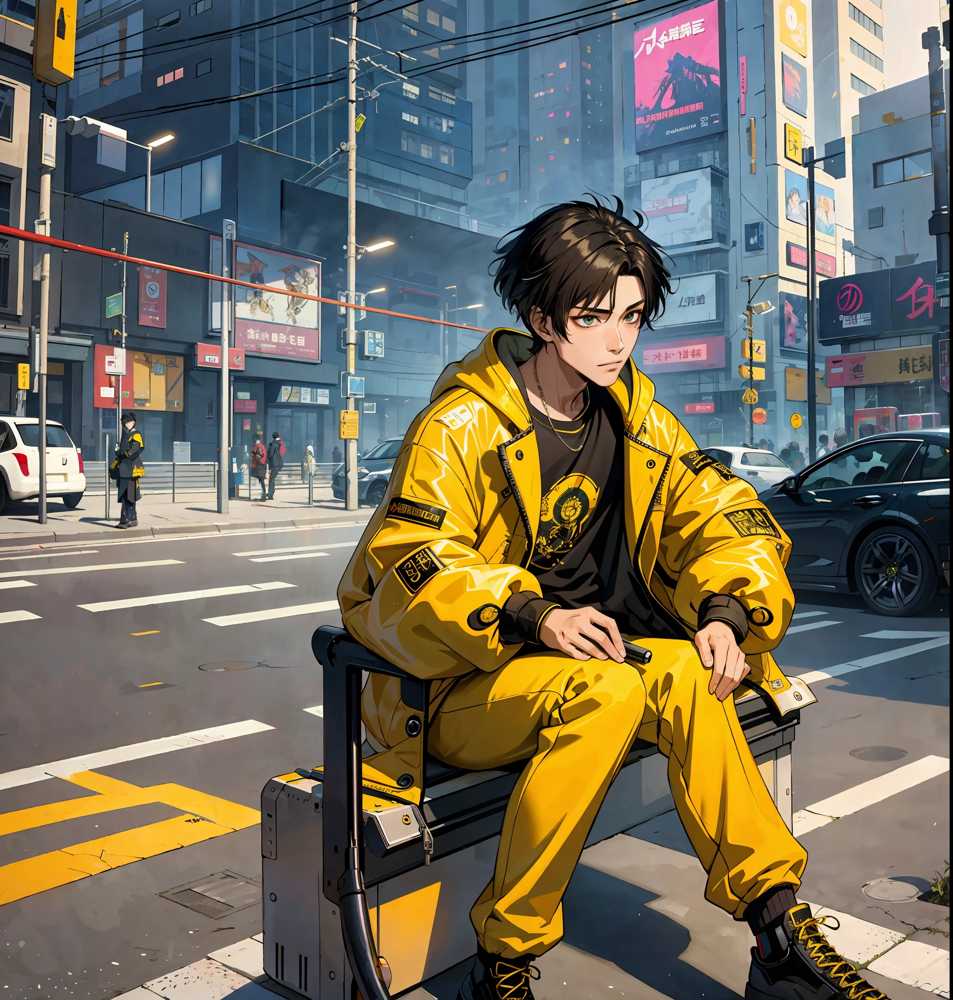 masterpiece, high quality, highres,absurdres, finely detail,ray tracking,manga,anime coloring,cyberpunk,cyberpunk edgerunners,1boy,short hair,yellow coat,loose clothes,sitting,road,gate,city,art by Edward John Poynter