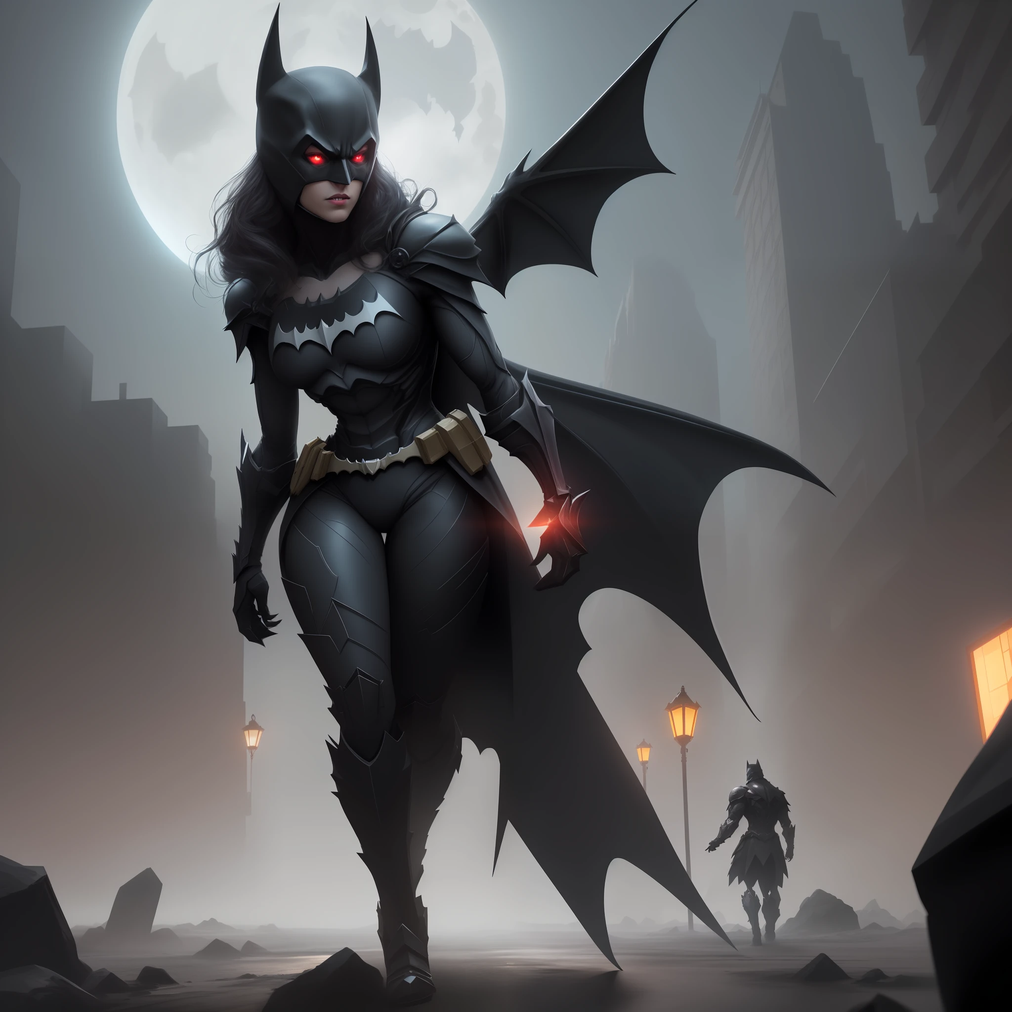 A crystal skeleton, full body, ((with batman costume)), cyberpunk, flying in the moonlight, bat wings appearing, light inside chest, adamantium claws on hands, red eyes, vampire teeth, ((batman wings) giant bats)), cyberpunk, ((dark)), post apocalyptic setting, post apocalyptic city, dramatic, striking colors, "Splendid artwork high resolution, ultra realistic, 8k, intricate details, 8k cg render, 8k octane render, black octane render, 8k hdr octane render, unreal engine 5 render, 8k 3d octane render, 8k 3d octane render, cinematic octane render, cinematic shot, splash art, cinematic light , diffused light, spectacular art, 100mm, dslr, nikon, night terrors, full moon, hyper detailed, realistic, striking fog