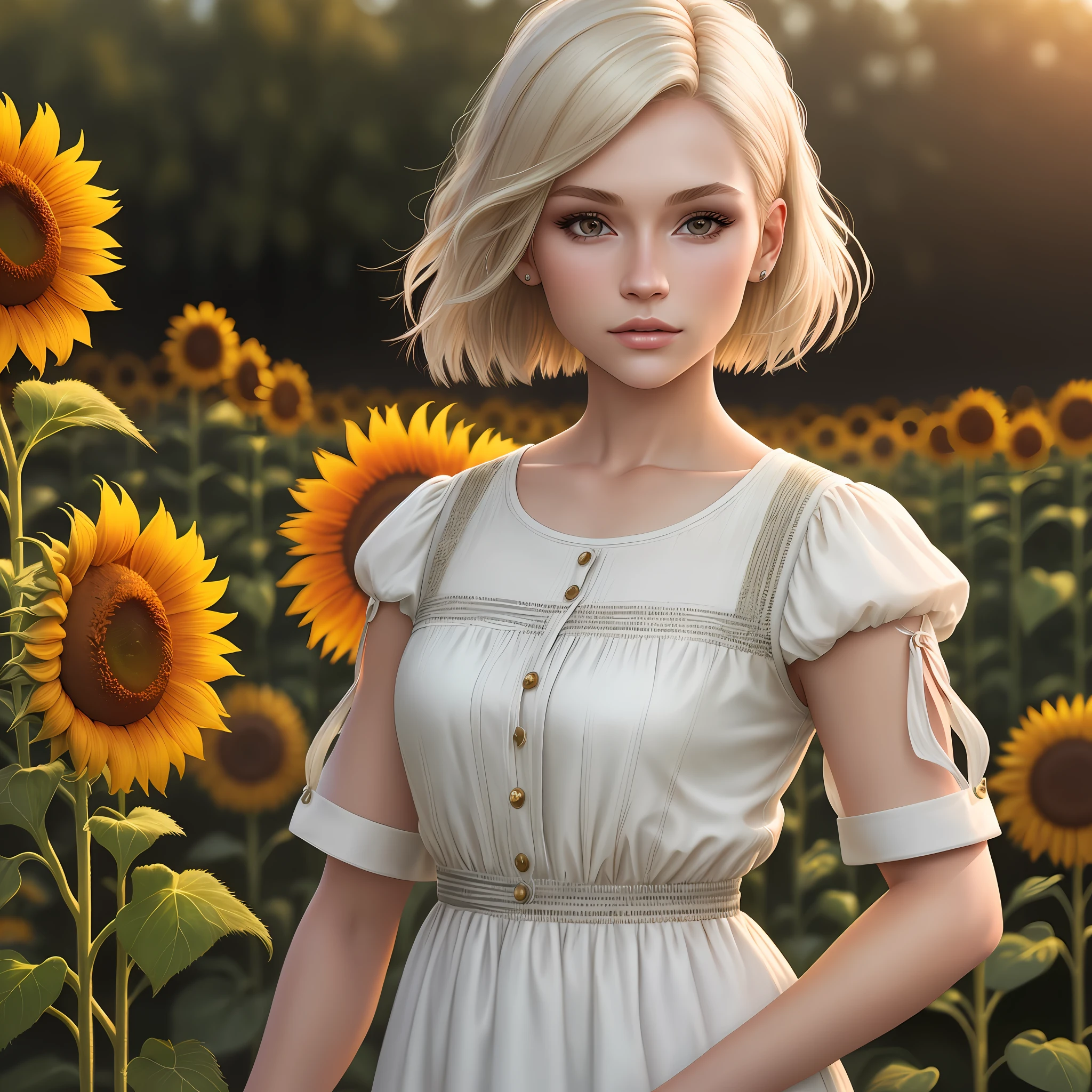 (Photorealistic: 1.8), female closeup, ash blonde hair, A-line haircut, highly detailed clothes, model shot as fashion model, sunflower field, Instagram post