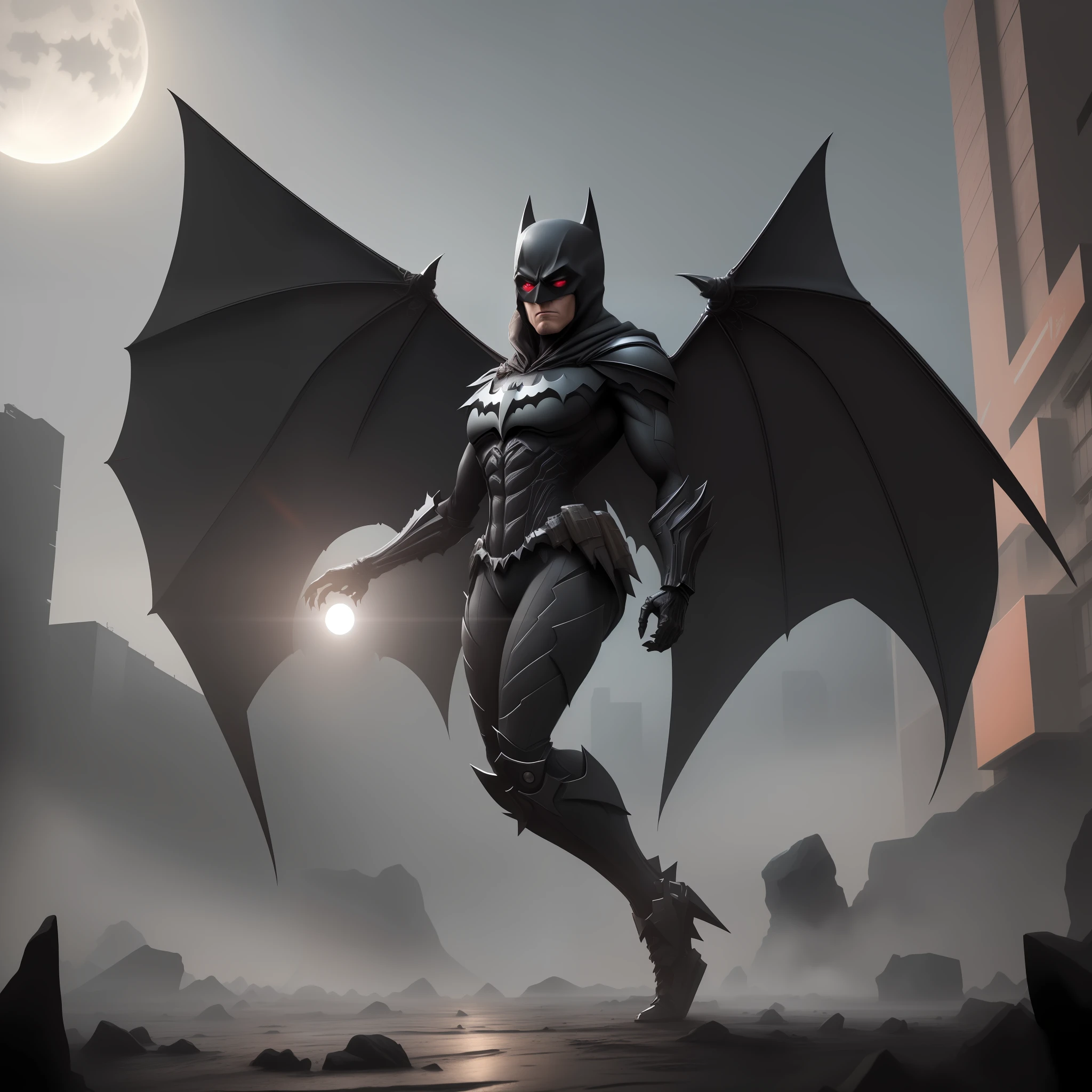 A crystal skeleton, full body, ((with batman costume)), cyberpunk, flying in the moonlight, bat wings appearing, light inside chest, adamantium claws on hands, red eyes, vampire teeth, ((batman wings) giant bats)), cyberpunk, ((dark)), post apocalyptic setting, post apocalyptic city, dramatic, striking colors, &quot;Splendid artwork high resolution, ultra realistic, 8k, intricate details, 8k cg render, 8k octane render, black octane render, 8k hdr octane render, unreal engine 5 render, 8k 3d octane render, 8k 3d octane render, cinematic octane render, cinematic shot, splash art, cinematic light , diffused light, spectacular art, 100mm, dslr, nikon, night terrors, full moon, hyper detailed, realistic, striking fog