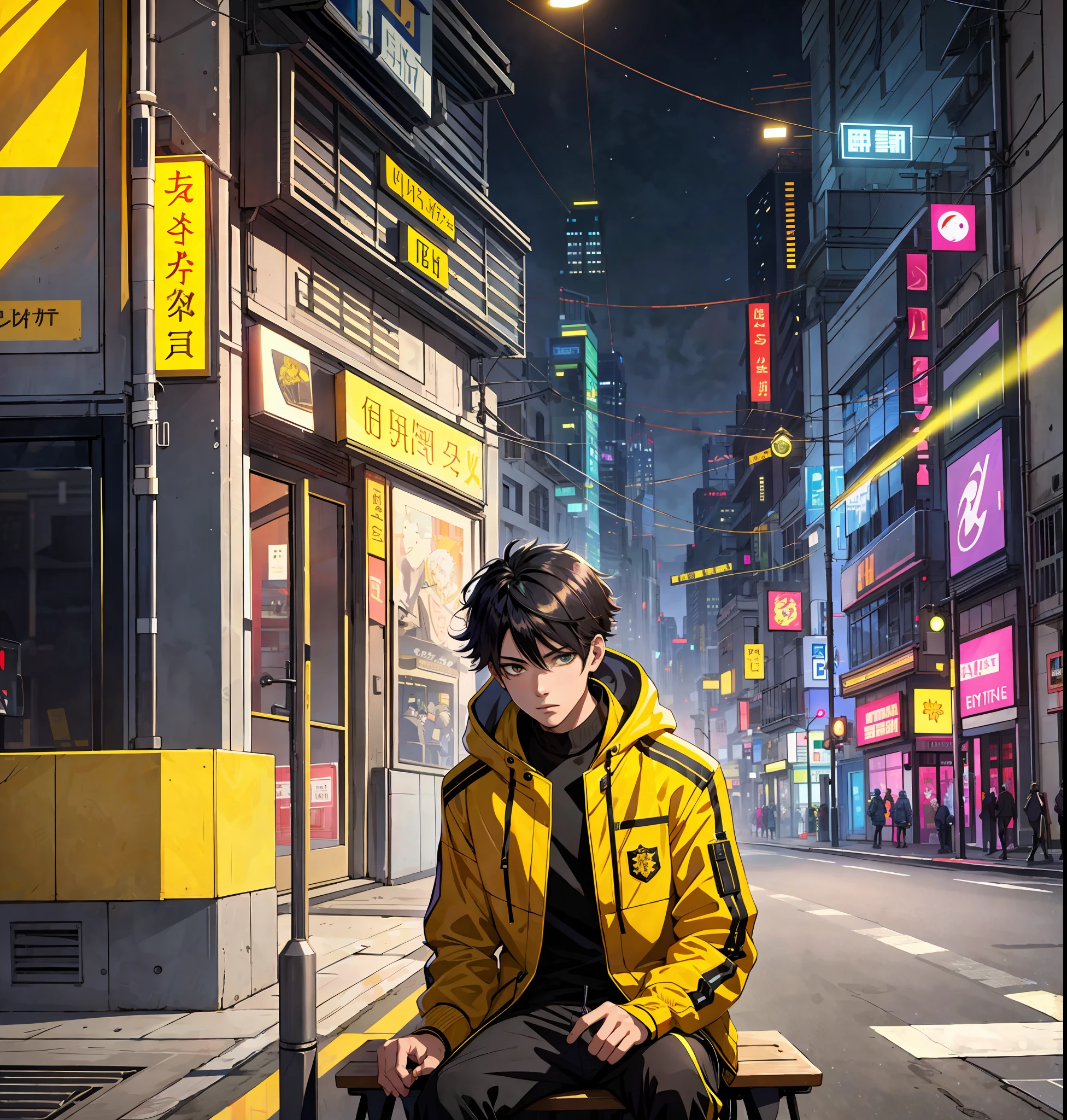 1boy, masterpiece, high quality, highres,absurdres, finely detail,ray tracking,manga,anime coloring,cyberpunk,cyberpunk edgerunners,1boy,short hair,yellow coat,loose clothes,sitting,road,gate,city,art by Edward John Poynter