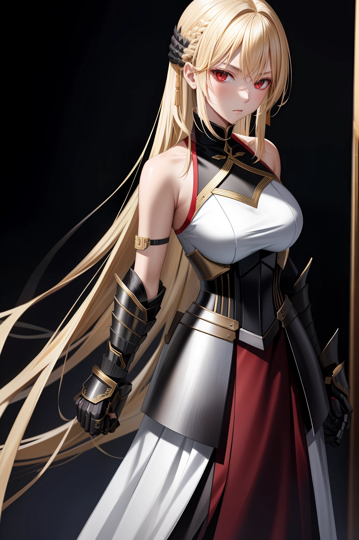 Blonde Woman Black Armor White Red Eyes Tai Dao Indifferent Holding Tai Dao Cold Blooded Cruel No Shoulder Armor Black Dress Dark Gold Short Skirt Exposed No Skirt Armor