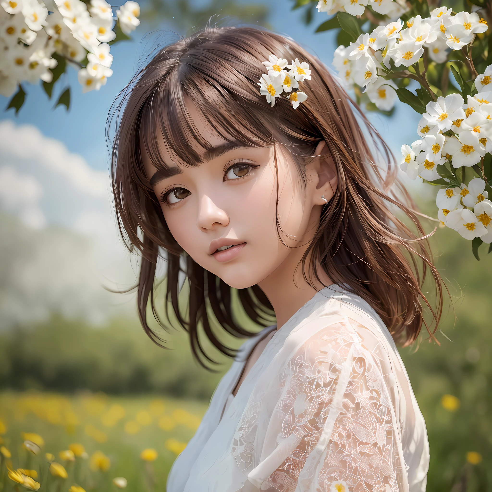 High Detail, Ultra Detail, Ultra High Resolution Light brown eyebrows, short brown hair girl enjoying her time in open field, surrounded by the beauty of nature, warm sun sprinkling on her, white flowers gently swaying in the breeze. Butterflies and birds flutter around her, adding to the playful atmosphere , --v6