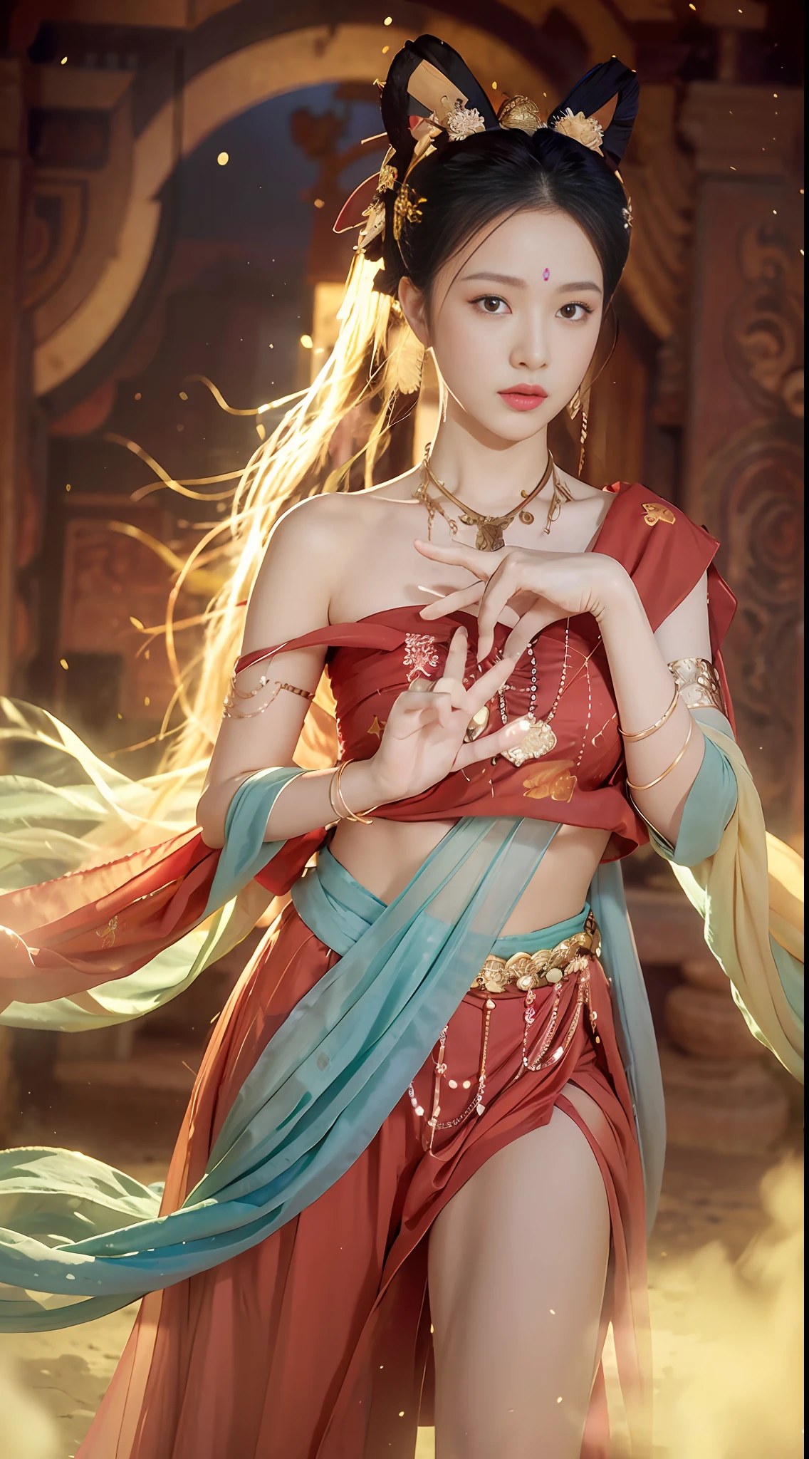 (8k, RAW photo, best quality, masterpiece:1.2), (realistic, photo-realistic:1.4), (extremely detailed CG unity 8k wallpaper), (1 girl:1.5), Western beauty, (Red clothes: 1.4), red spots on forehead, pale skin, blush, big eyes, full body, thighs, open navel, gold waist chain, gold jewelry, flying ribbons, particles, background is Loulan ancient city, ancient city wall, desert, dance, dunhuang_dress, dunhuang_style,