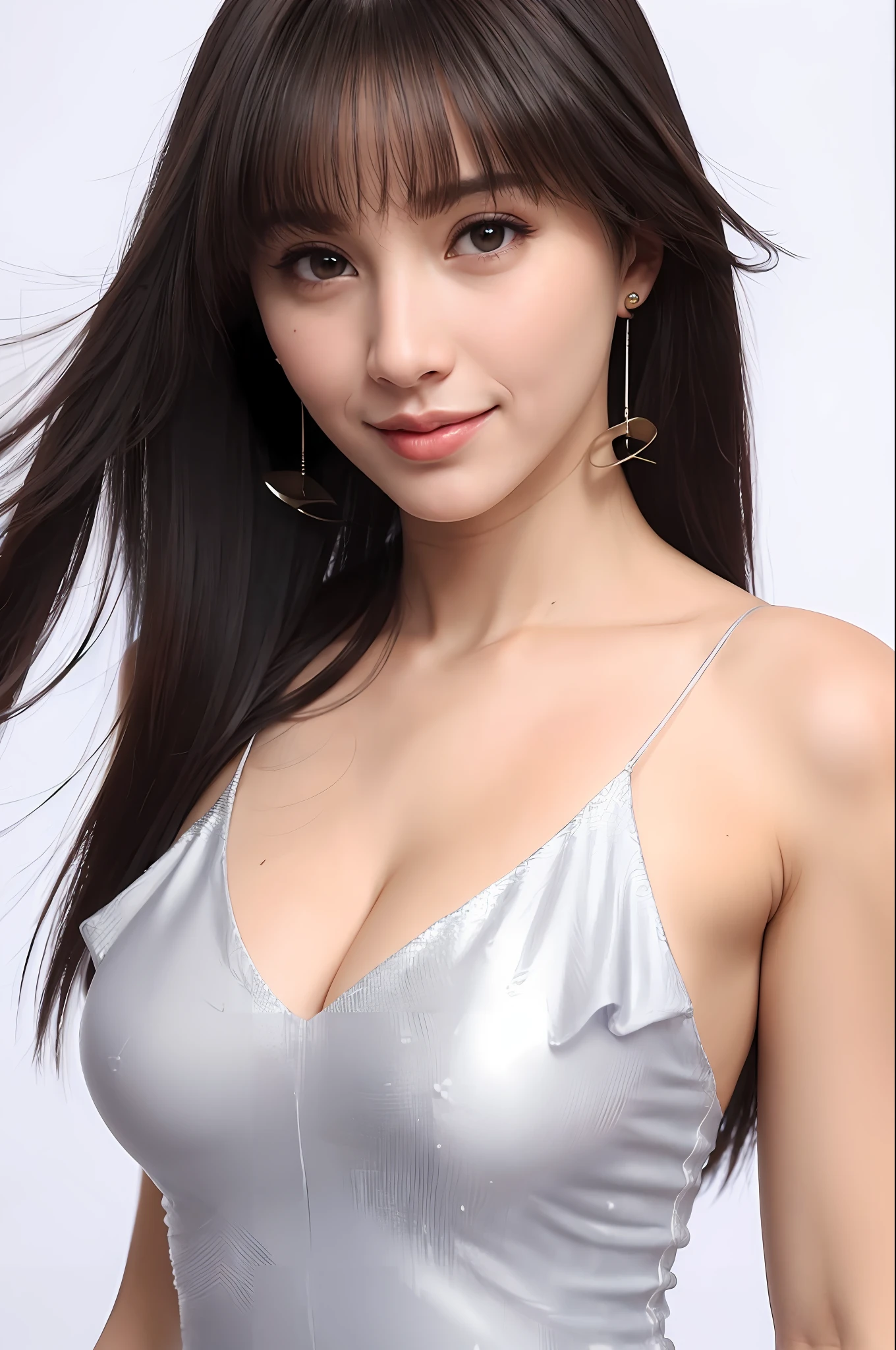 1 girl, 3D, bangs, bare_shoulders, blurry, blurry_background, blurry_foreground, breasts, brown_eyes, cleavage, depth_of_field, dress, lips, long_hair, looking_at_viewer, medium_breasts, nose, photo_ , Real, Sleeveless, Solo, upper_body, Ultra Detailed, More Skin,Smile Long hair Brown hair