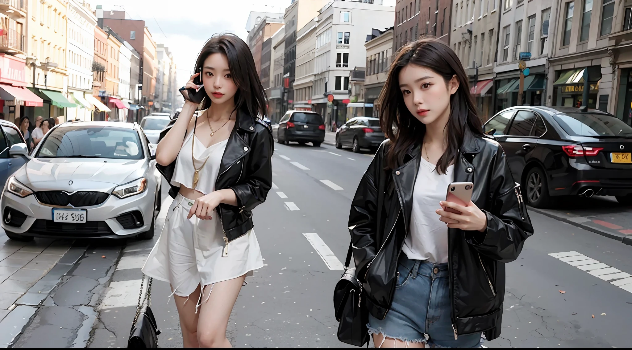 Beautiful woman, fiddling with cell phone in the middle of the street, short clothes