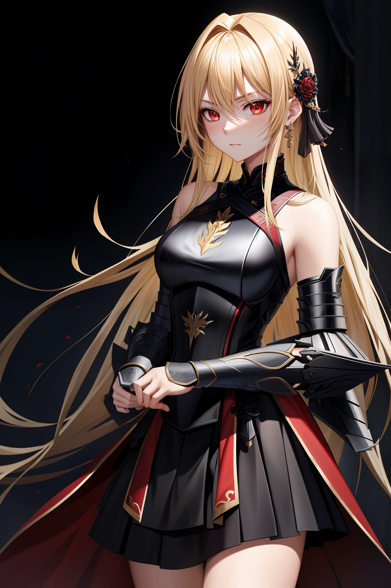 Blonde Woman Black Armor White Red Eyes Tai Dao Indifferent Holding Tai Dao Cold-blooded Cruel Shoulderless Armor Black Dress Dark Gold Holding Black Holy Sword Short Skirt