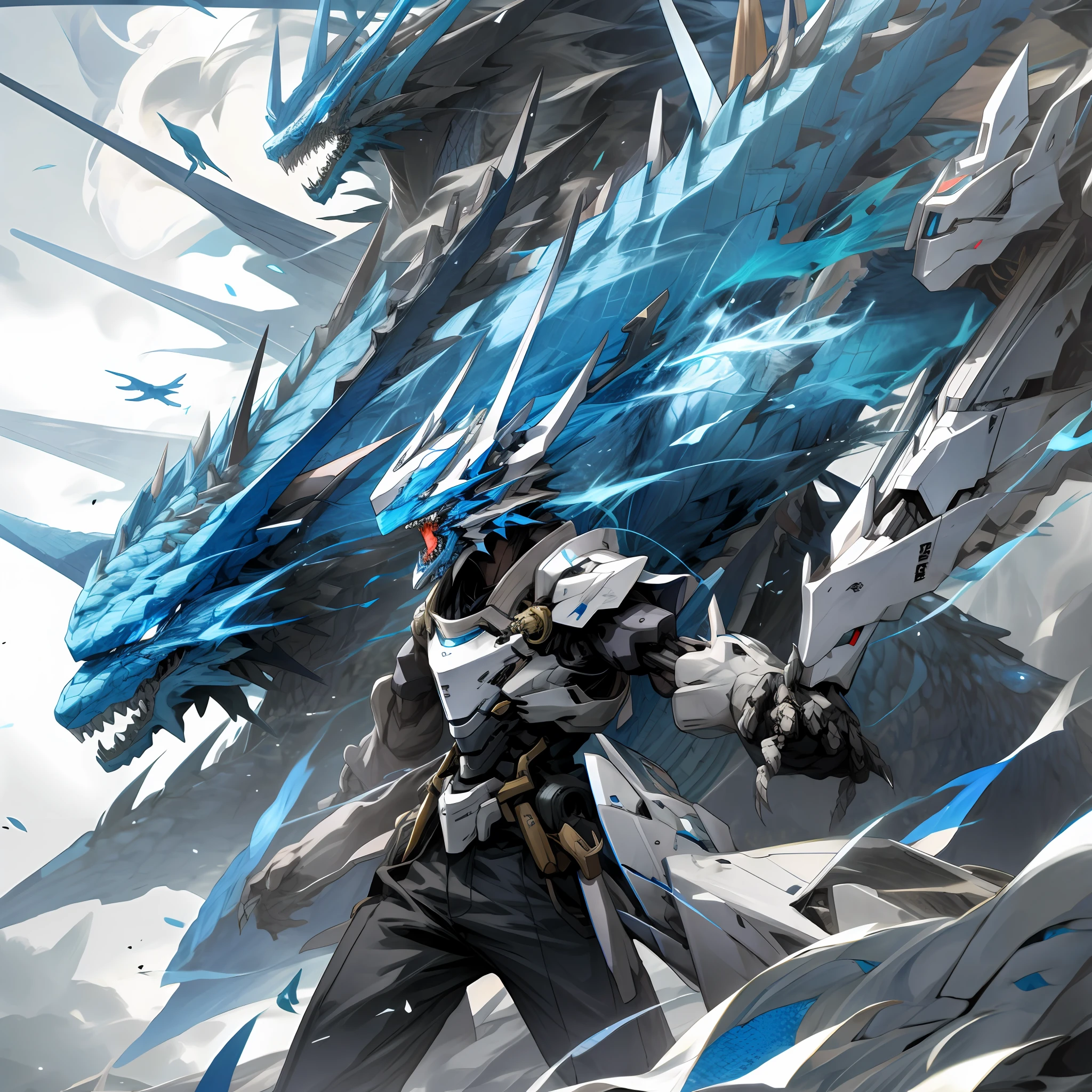 Blue and white mechs, dragon helmets, claw weapons, dragons
