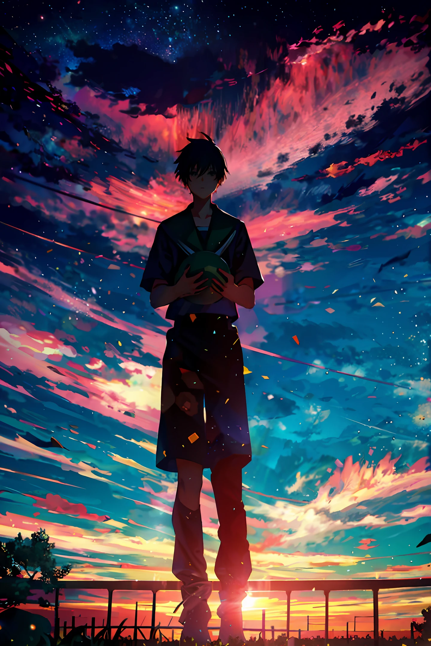 anime, silhouette, 1 boy holding football, stars (sky), clouds, green camp field, building, school, outdoors, , city lights, night, night sky, sunset, skyline, dream