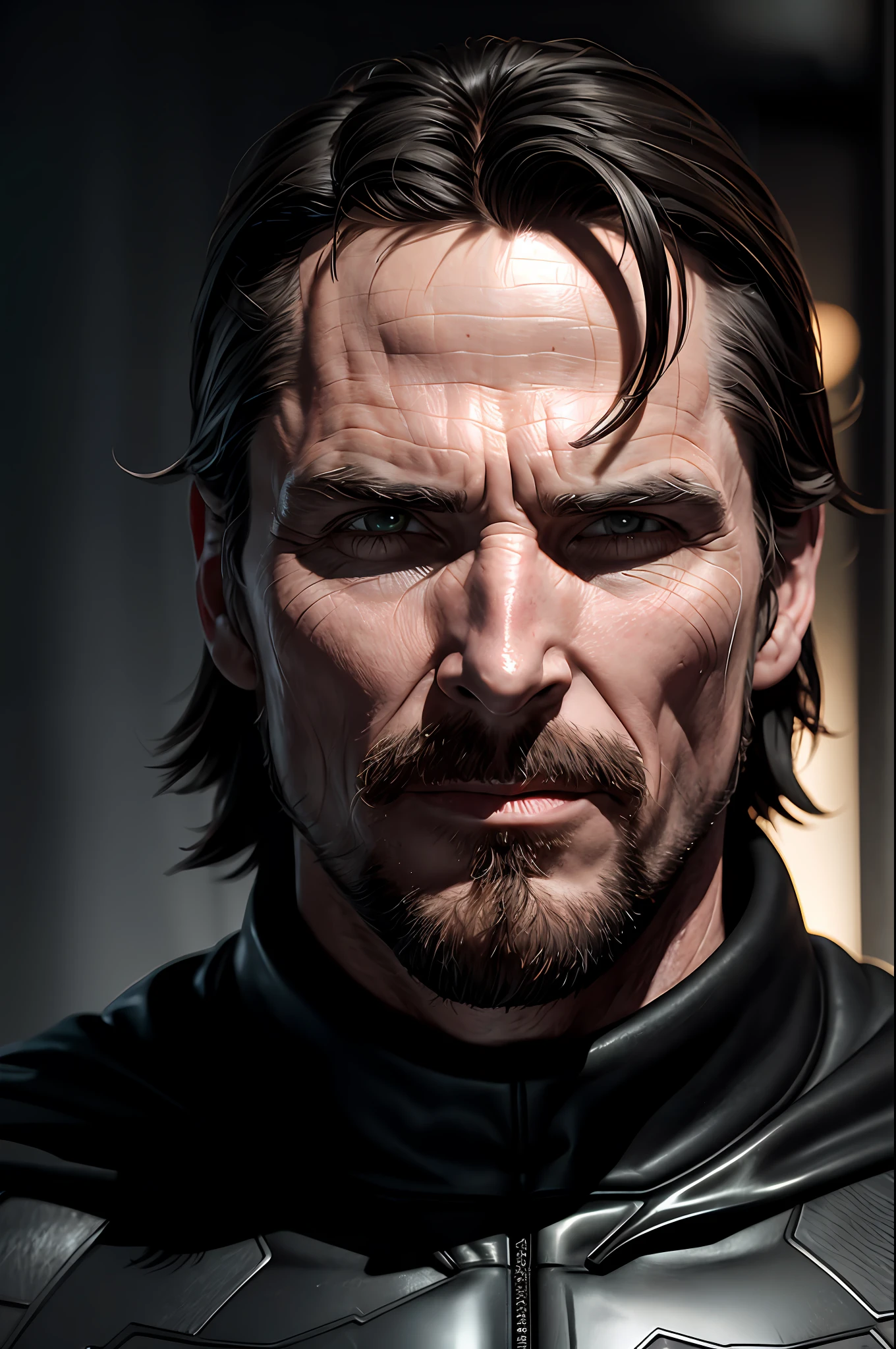 DC, Old Man Christian Bale, Batman's Top, Realistic, Dynamic Lights, Old, Stubble, Full Shot, (Very Detailed CG Unified 8k wallpaper), Trends on ArtStation, Trends on CGSociety, High Detail, Sharp Focus, Dramatic, Photorealistic Reality