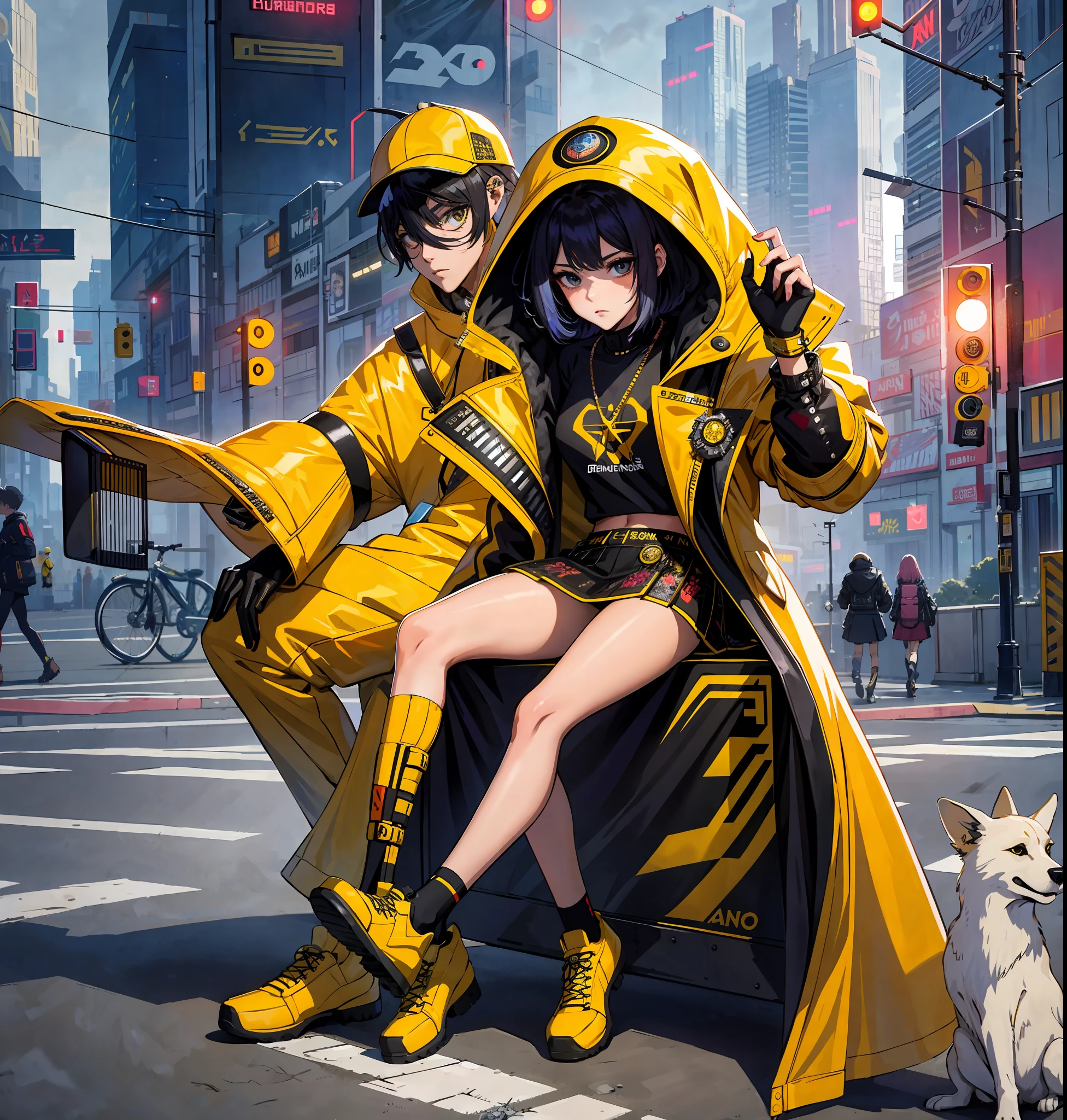 1girl, long hair, mini skirt, masterpiece, high quality, highres,absurdres, finely detail,ray tracking,manga,anime coloring,cyberpunk,cyberpunk edgerunners,1boy,short hair,yellow coat,loose clothes,sitting,road,gate,city,art by Edward John Poynter