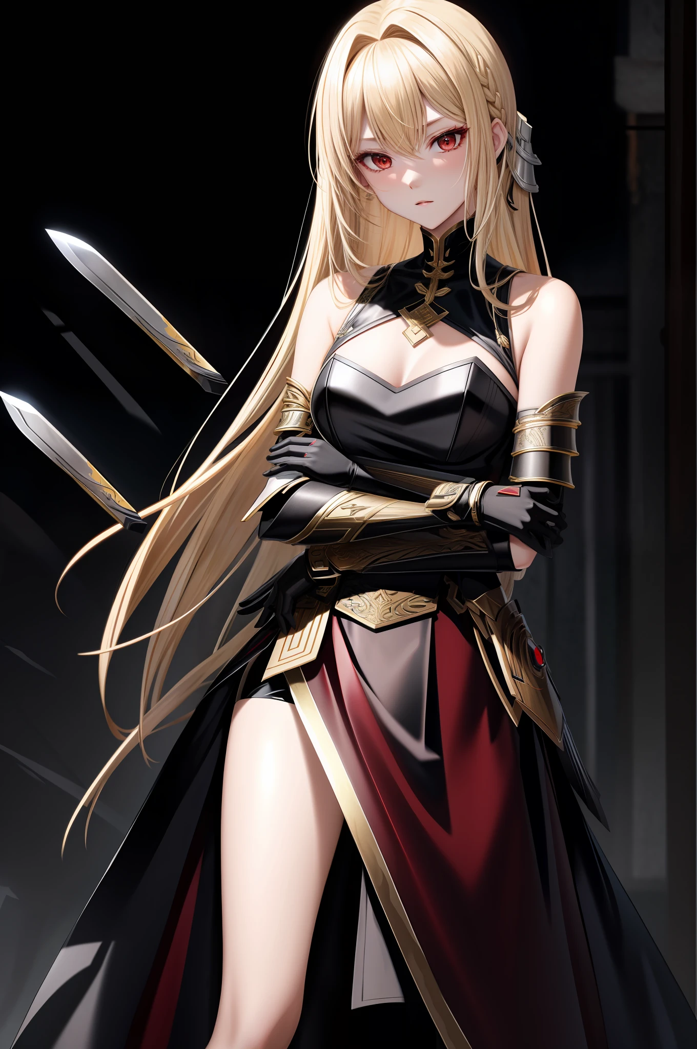 blonde woman black armor white red eyes tai dao indifferent holding tai knife cold blood cruel no shoulder armor black dress dark gold short skirt exposed no skirt armor no arm armor black silk gloves