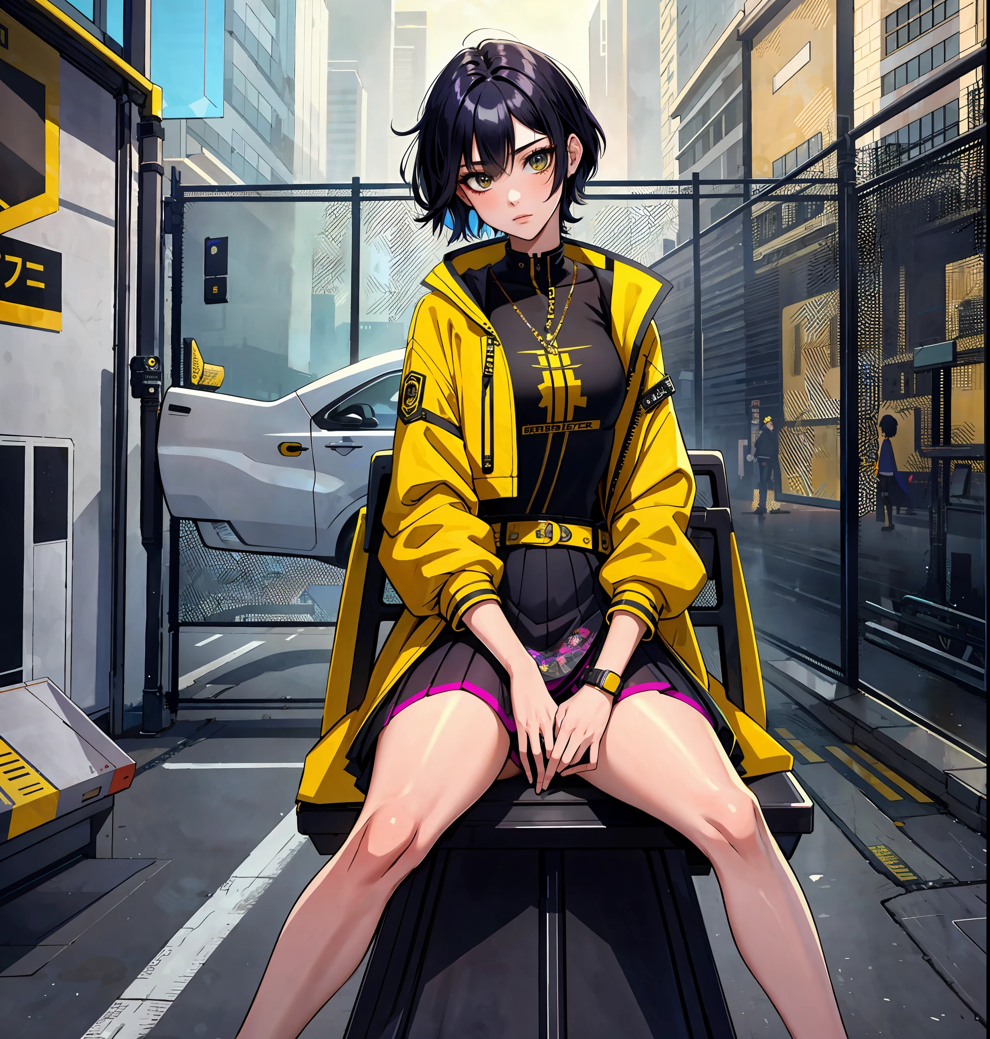 1girl, long hair, mini skirt, masterpiece, high quality, highres,absurdres, finely detail,ray tracking,manga,anime coloring,cyberpunk,cyberpunk edgerunners,1boy,short hair,yellow coat,loose clothes,sitting,road,gate,city,art by Edward John Poynter