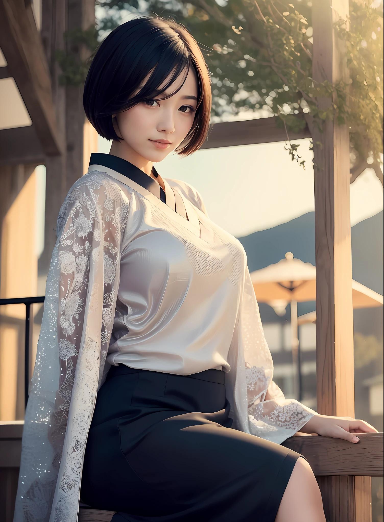 (8k, best quality, masterpiece: 1.2), (realistic, realistic:1.37), super detailed, 1 girl, cute, solo, beautiful detailed sky, detailed café, evening, sitting, dating, (nose red), (smile: 1.15), (shut up) big breasts, beautiful and delicate eyes, (collar shirt: 1.1), professional wear, rain, black lace, (short hair: 1.2), flowing hair NovaFrogStyle, wearing Hanfu, oriental beauty