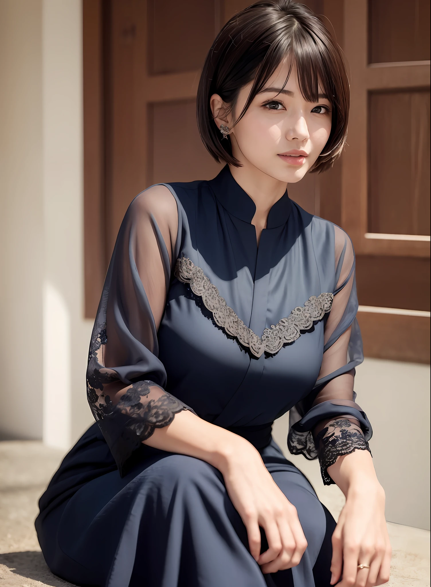 (8k, best quality, masterpiece: 1.2), (realistic, realistic:1.37), super detailed, 1 girl, cute, solo, beautiful detailed sky, detailed café, evening, sitting, dating, (nose red), (smile: 1.15), (shut up) big breasts, beautiful and delicate eyes, (collar shirt: 1.1), professional wear, rain, black lace, (short hair: 1.2), flowing hair NovaFrogStyle, wearing Hanfu, oriental beauty