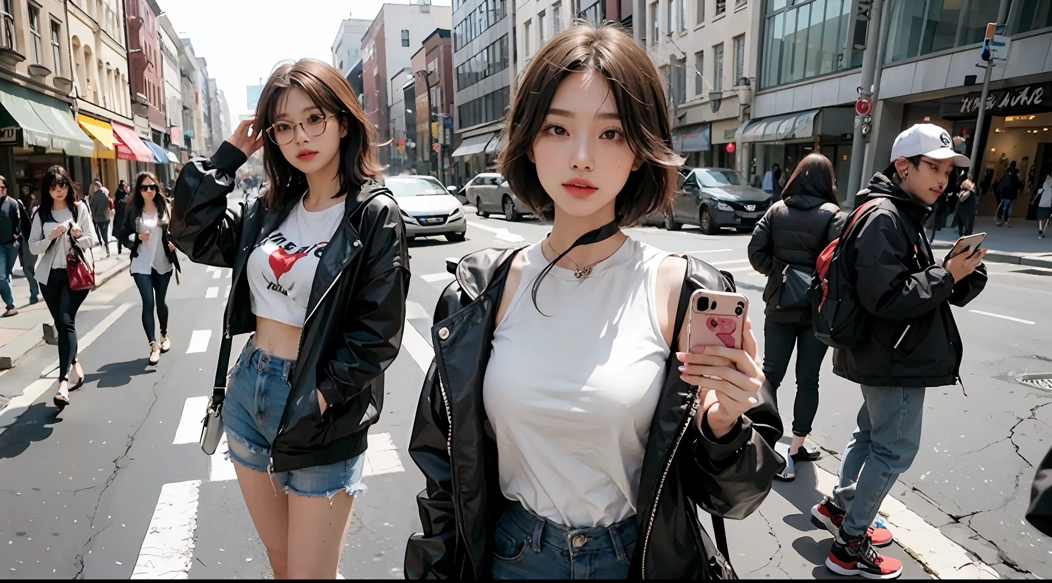 Beautiful woman, fiddling with cell phone in the middle of the street, short clothes
