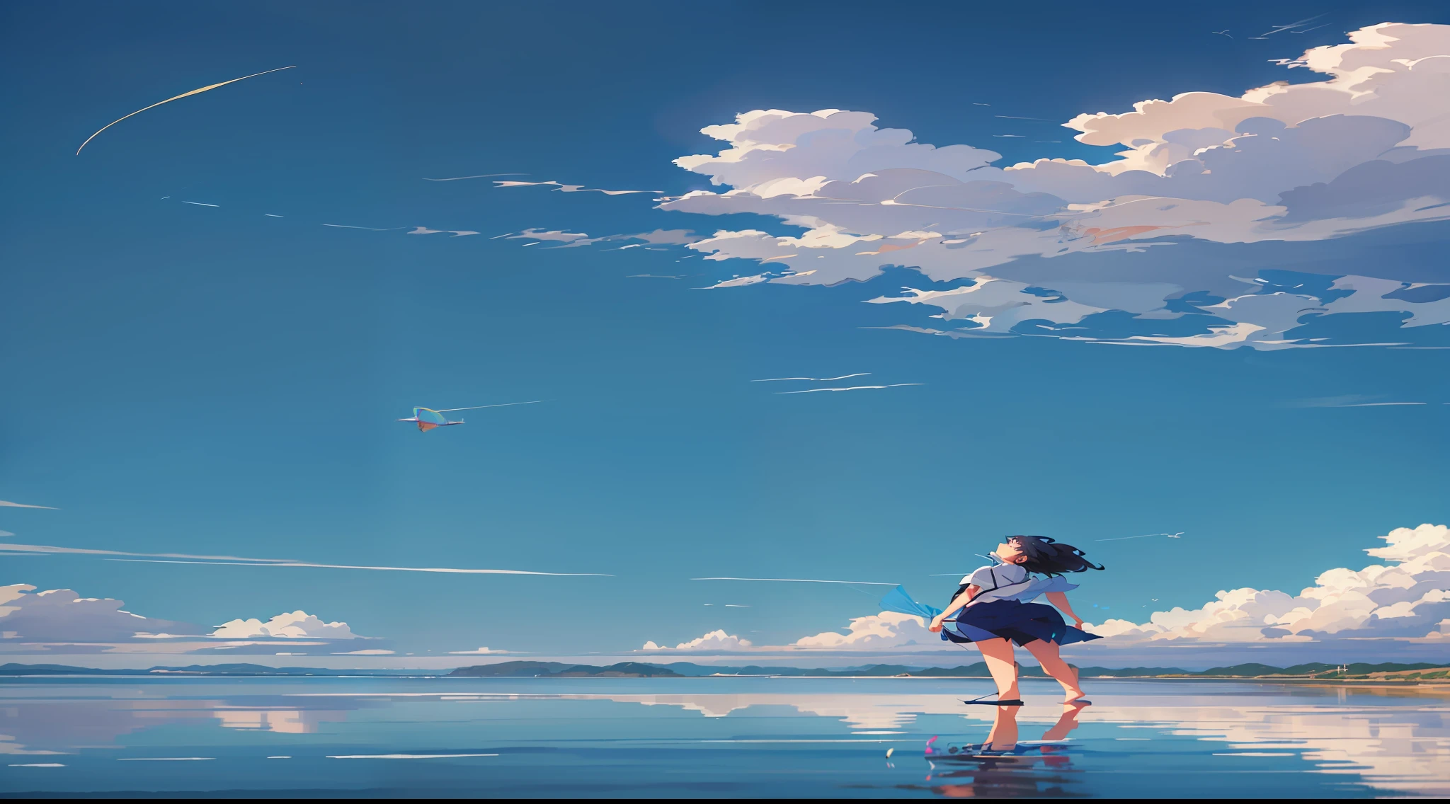 anime girl flying a kite on a beach with a blue sky, in style of makoto shinkai, makoto shinkai art style, style of makoto shinkai, makoto shinkai cyril rolando, cosmic skies. by makoto shinkai, ( ( makoto shinkai ) ), makoto shinkai!, makoto shinkai style