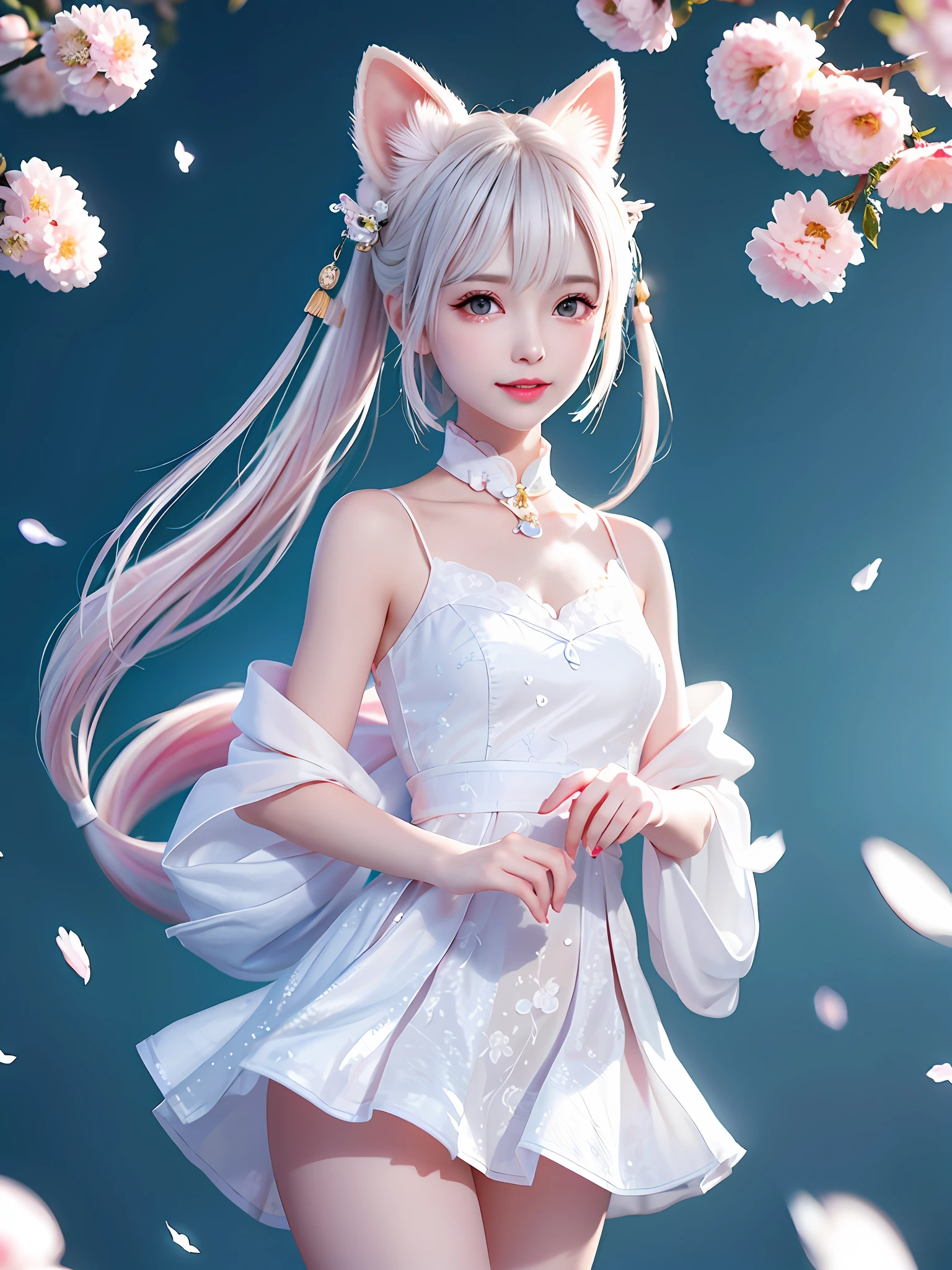 A gentle and lovely Chinese beautiful woman, delicate and sexy collarbone, charming goose egg face, double eyelids, smart peach blossom eyes, pink lips, small upturned nose, bare shoulders, focused face, face close-up, ultra HD, super detail, full body photo, ultra-thin translucency, cat ears, nude full body photo, pure white hair, (high detail fingers: 1.5)