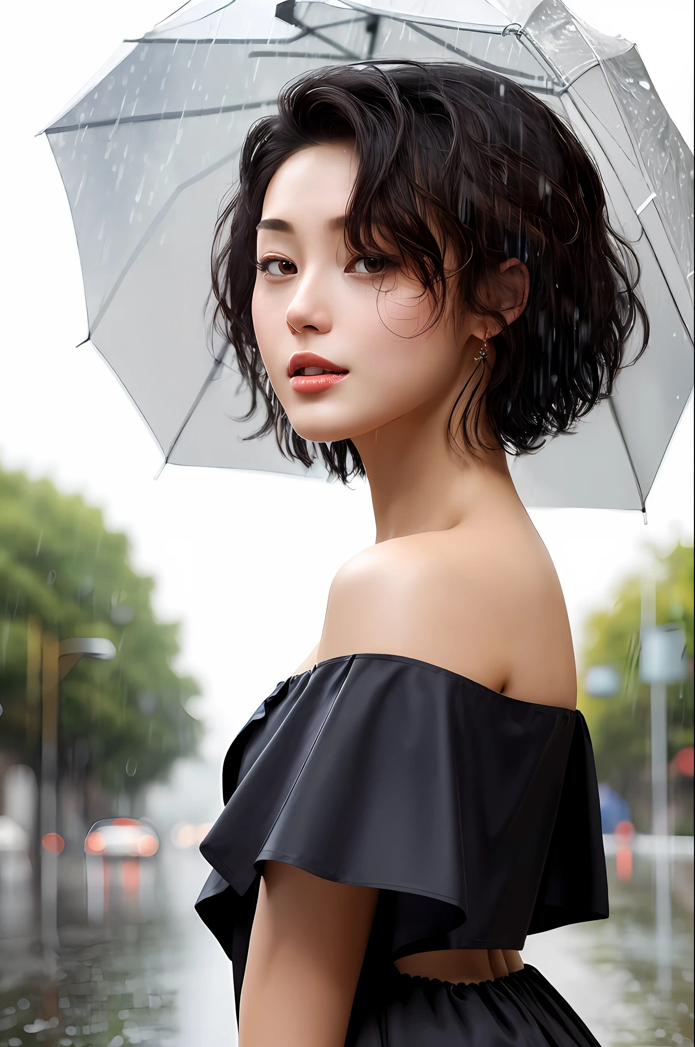 ((Best Quality, 8K, Masterpiece:1.3)), Focus:1.2, Perfect Body Beauty:1.4, Buttocks:1.2, (Layered Haircut:1.2)), (Rain, Street:1.3), Bandeau Dress:1.1, Highly Detailed Face and Skin Texture, Delicate Eyes, Double Eyelids, Whitened Skin, Long Hair, (Round Face: 1.5)