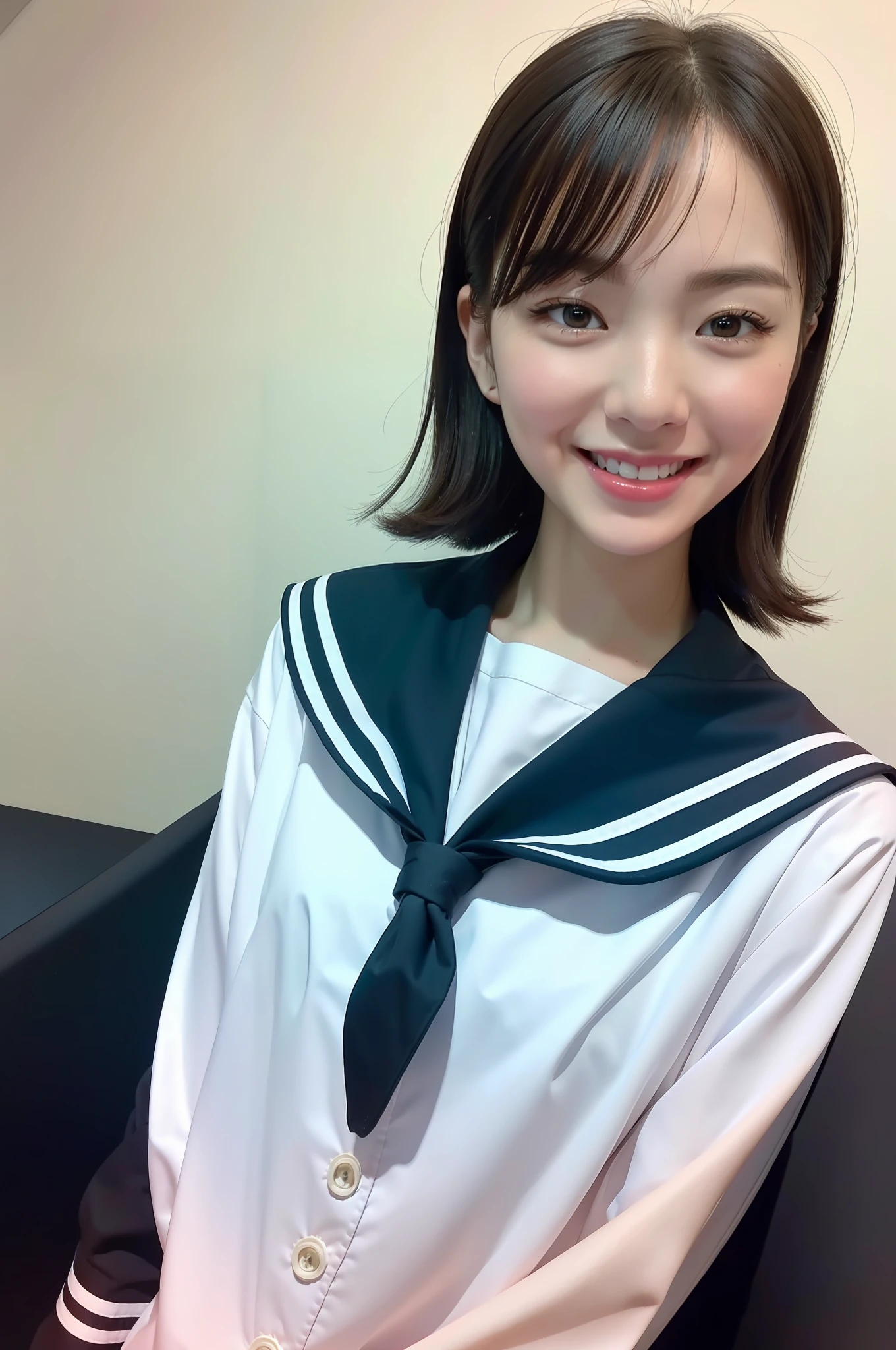 (RAW Photos: 1.2), (Photorealistic: 1.4), (Masterpiece: 1.3), (Best Quality: 1.4), Ultra High Resolution, (Detailed Eye Features), (Detailed Facial Features), (Detailed Clothing Features), HDR, 8k Resolution, Solo Focus, Bangs, Skin Tight, (Glossy Skin), (Slender Beautiful Girl), Fantastic, (Ultra Detailed Illustration), Check Commentary, Commentary request, VirtualGirl-Rin, Small, Bob hair, Ponytail, Black hair, Brown eyes, 1 girl, Upper body, Sailor suit, Smile, Big smile