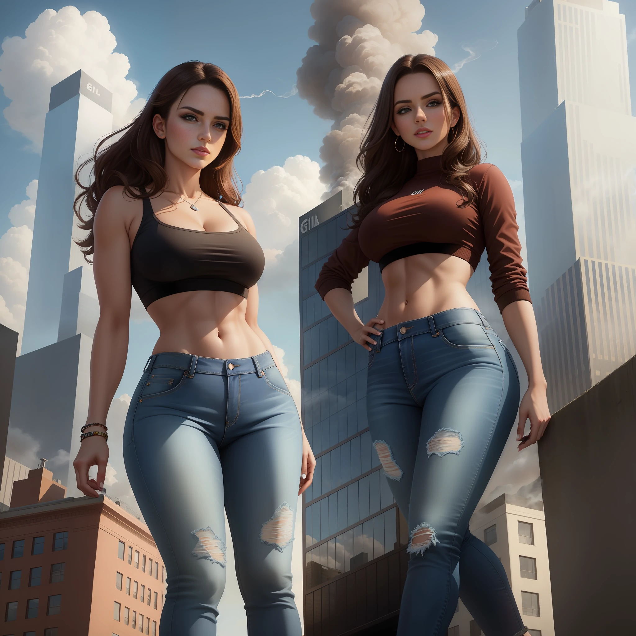 Giantess wearing crop top and jeans, athletic body, brunette gts city, city buildings, nut brown eyes, looking at camera, smoke, clouds, evil, realistic lighting, high heels, from below,
