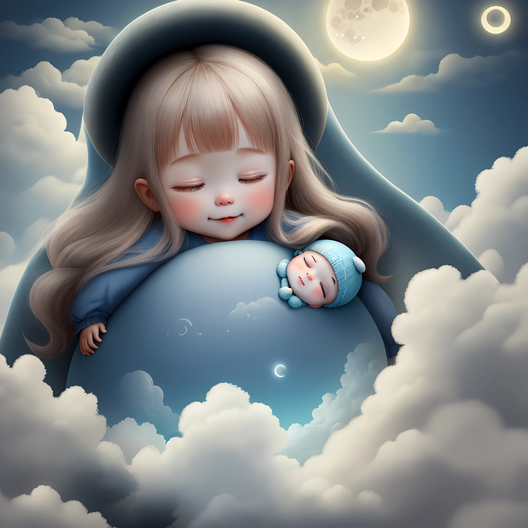 a giant baby sleeping on the cloud, moon is smile and looking at her, baby is only months old, cute face, long hair