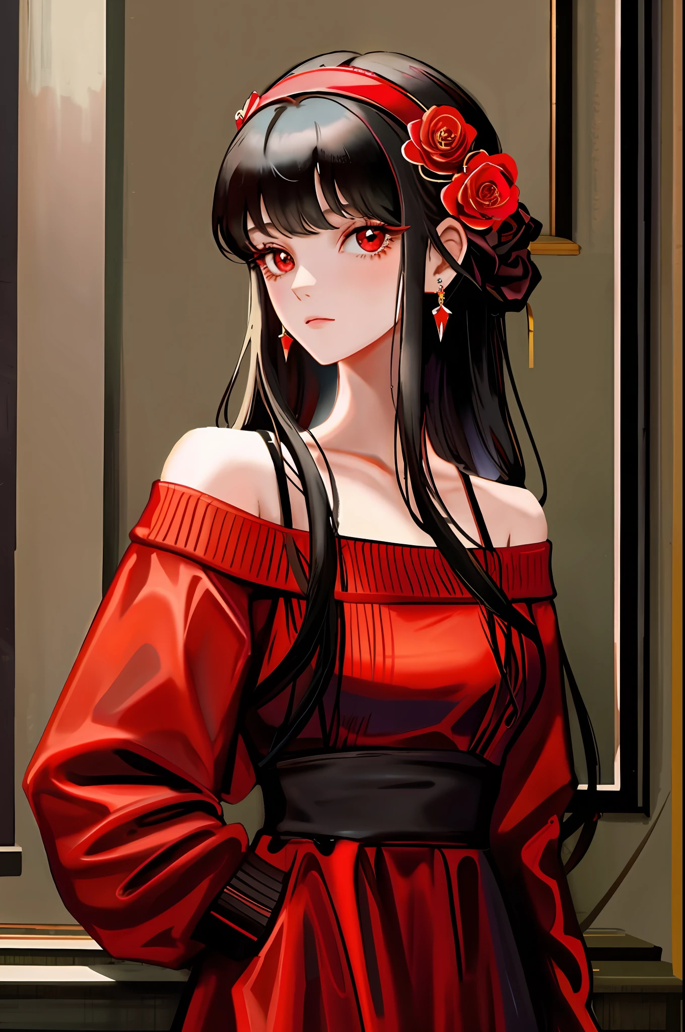 yor briar, 1girl, bare shoulders, red woll sweater, black hair, breasts, closed mouth, dress, earrings, flower, hair flower, hair ornament, hairband, jewelry, medium breasts, long hair, looking at viewer, red eyes, sidelocks, sleeveless, solo, upper body, in room background, ((masterpiece))