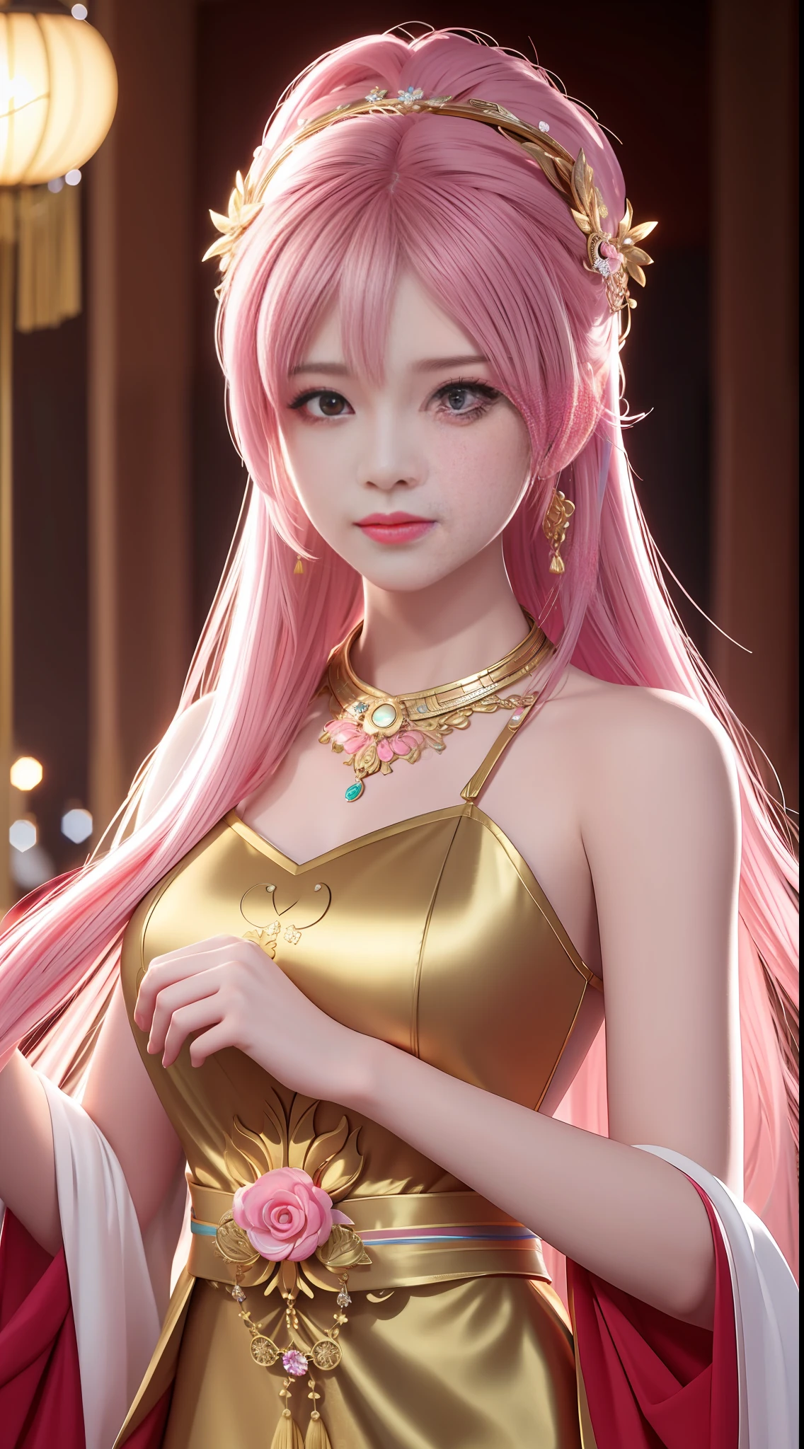best quality, masterpiece, highres, 1girl,china dress,hair ornament,necklace, jewelry,Beautiful face,upon_body, tyndall effect,photorealistic, dark studio, rim lighting, two tone lighting,(high detailed skin:1.2), 8k uhd, dslr, soft lighting, high quality, volumetric lighting, candid, Photograph, high resolution, 4k, 8k, Bokeh, pink hair,,