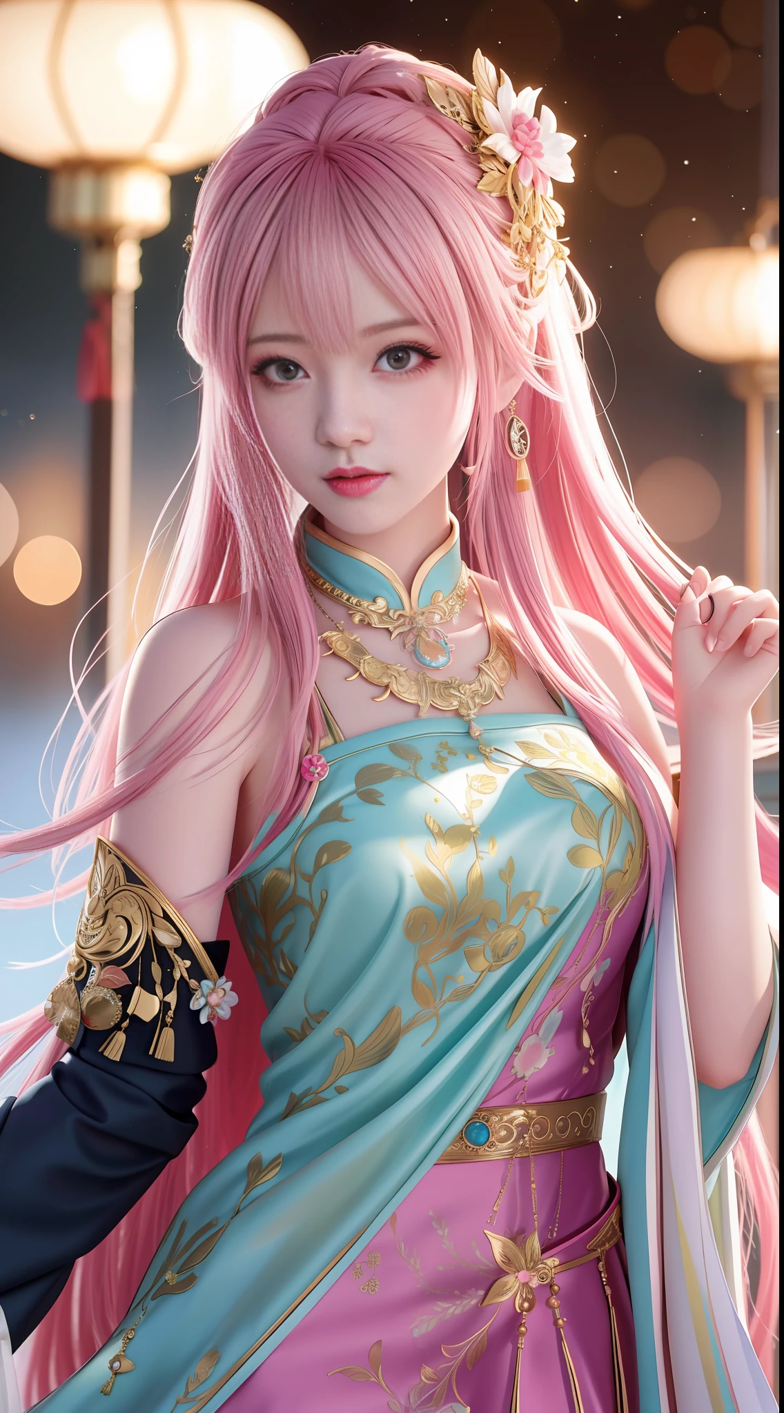 best quality, masterpiece, highres, 1girl,china dress,hair ornament,necklace, jewelry,Beautiful face,upon_body, tyndall effect,photorealistic, dark studio, rim lighting, two tone lighting,(high detailed skin:1.2), 8k uhd, dslr, soft lighting, high quality, volumetric lighting, candid, Photograph, high resolution, 4k, 8k, Bokeh, pink hair,,