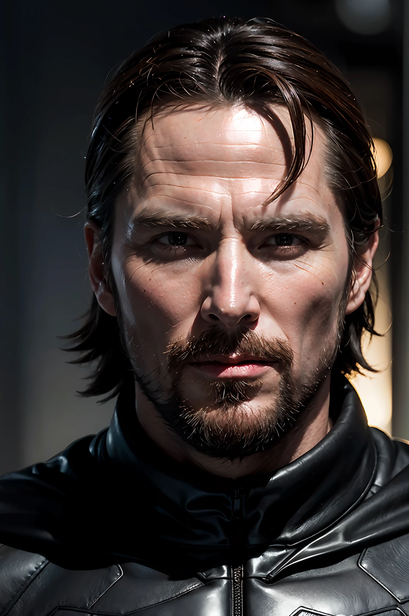 DC, Old Man Christian Bale, Batman's Top, Realistic, Dynamic Lights, Old, Stubble, Full Shot, (Very Detailed CG Unified 8k wallpaper), Trends on ArtStation, Trends on CGSociety, High Detail, Sharp Focus, Dramatic, Photorealistic Reality