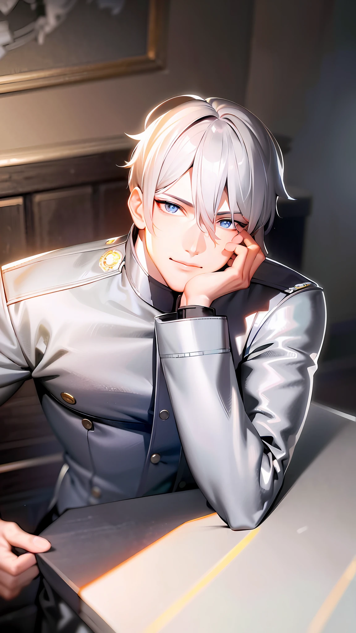 A man in a black military uniform and black pants, tall anime guy with blue eyes, off-white hair, handsome amazing realism, anime CG art, boyfriend power, aggressive, walking hormone