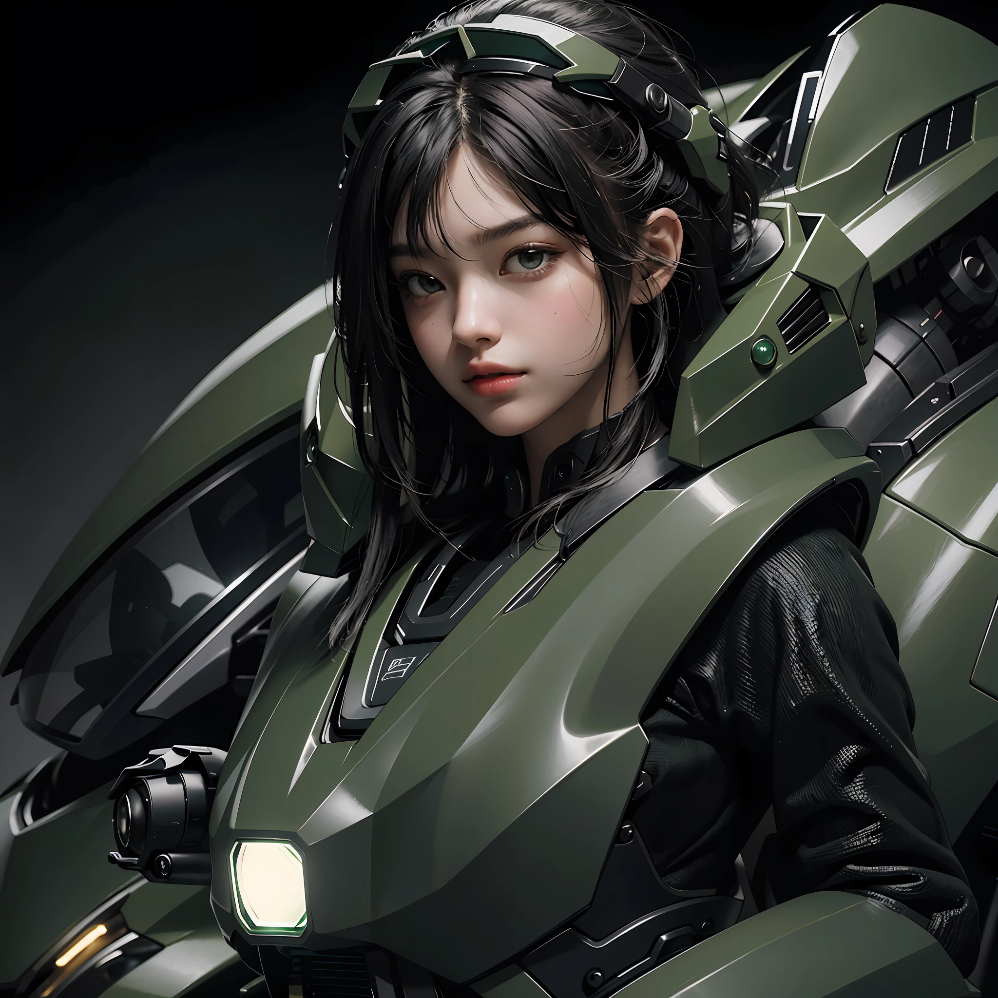 Highest image quality, outstanding details, ultra-high resolution, (realism: 1.4), the best illustration, favor details, highly condensed 1girl, with a delicate and beautiful face, dressed in a black and green mecha, wearing a mecha helmet, holding a directional controller, riding on a motorcycle, the background is a high-tech lighting scene of the future city.