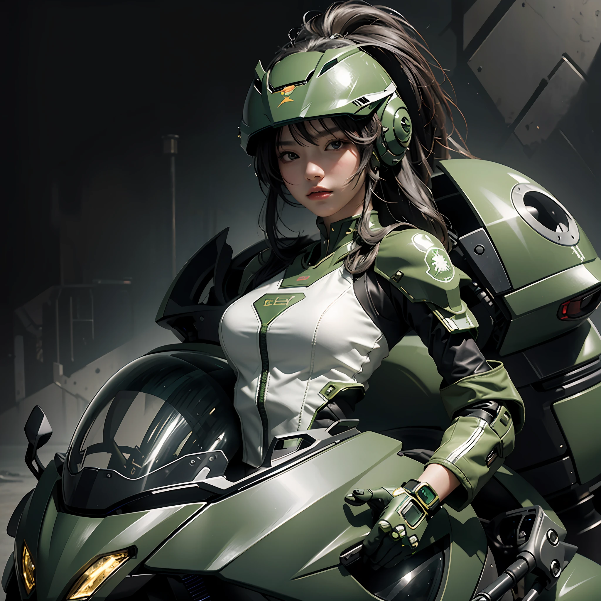 Highest image quality, outstanding details, ultra-high resolution, (realism: 1.4), the best illustration, favor details, highly condensed 1girl, with a delicate and beautiful face, dressed in a black and green mecha, wearing a mecha helmet, holding a directional controller, riding on a motorcycle, the background is a high-tech lighting scene of the future city.
