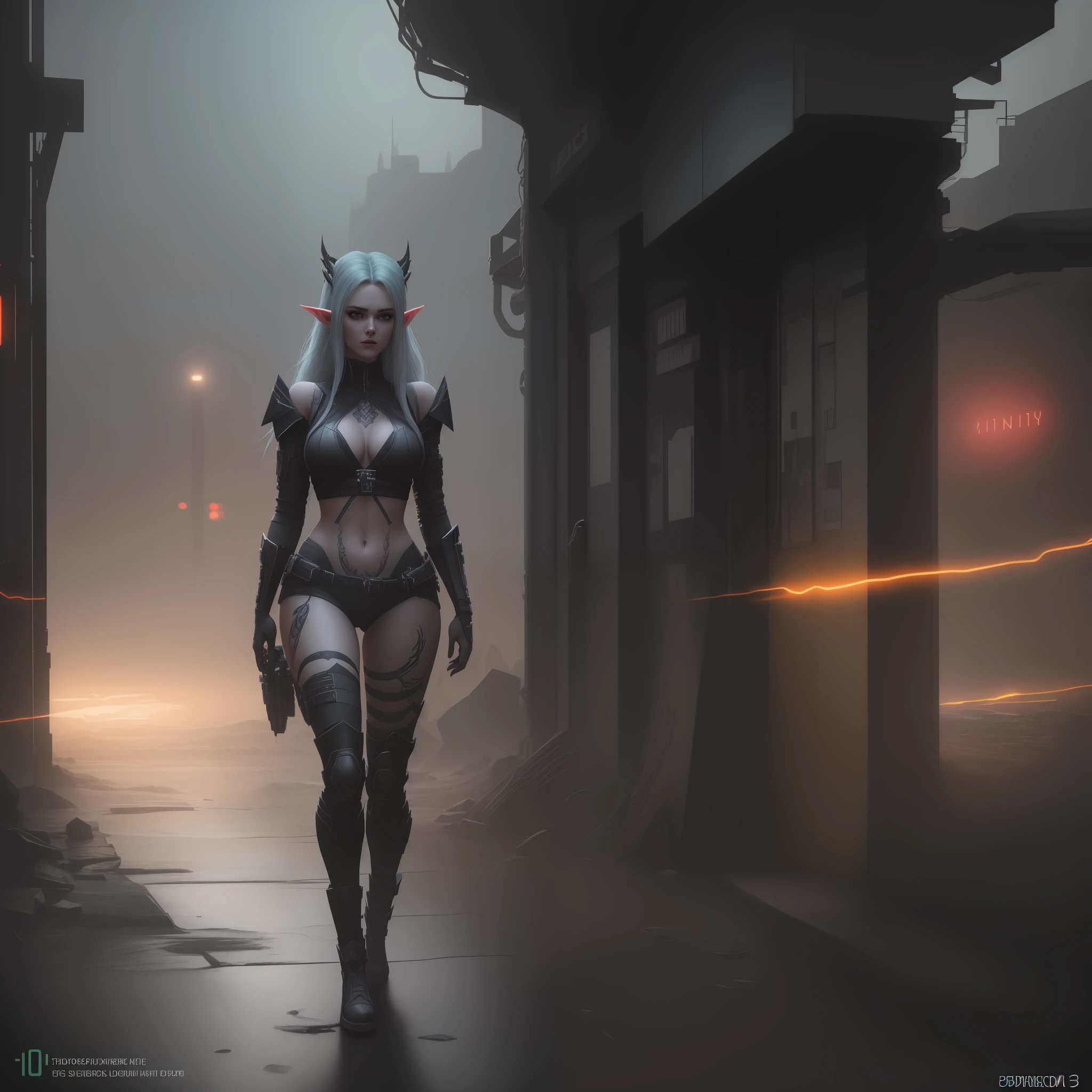 Beautiful elf, female, full body, cyberpunk, curvy body, model, fairy wings, tattoo, neon, light inside chest, glowing eyes, vampire teeth, cyberpunk, ((dark)), post apocalyptic setting, post city apocalyptic, dramatic, striking colors, "Splendid artwork high resolution, ultra realistic, 8k, intricate detail, 8k cg render, octane render - 8k, octane black render, octane render 8k hdr, render in unreal engine 5, 8k 3d octane render, 8k 3d octane render, cinematic octane render, cinematic shooting, splash art, cinematic light, diffused light, spectacular art, 100mm, dslr, nikon, horror night, moon full, hyper detailed, realistic, striking fog