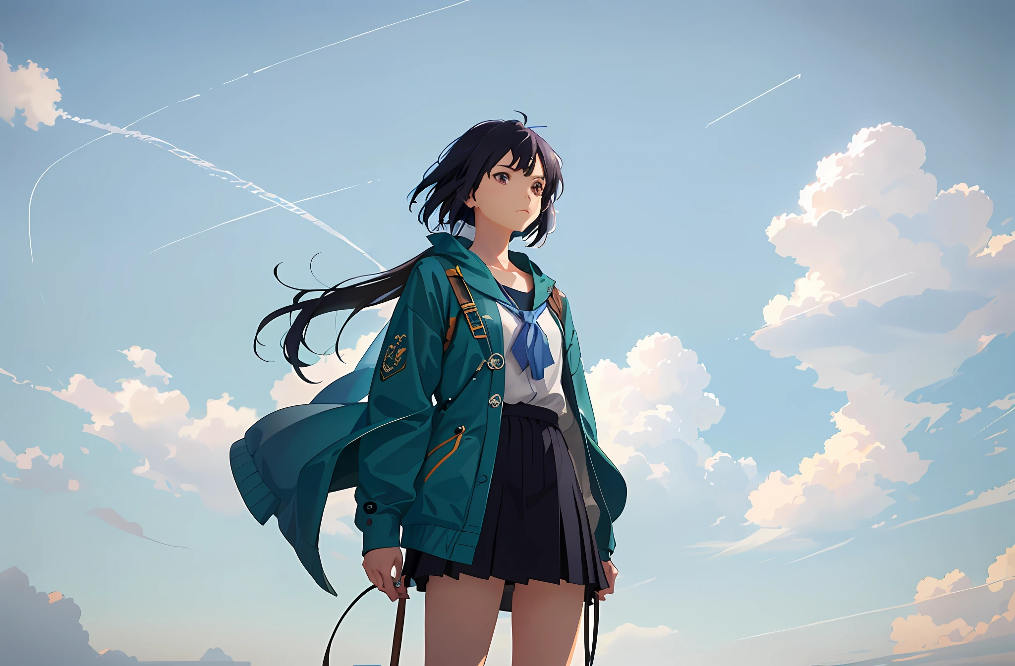 Small 20s girl in center, contrails, summer, Makoto Shinkai concept art, tumblr, magical realism, beautiful anime scene, beautiful sky. Makoto Shinkai, ((新海誠)), anime background art, anime background, Makoto Shinkai's style, anime movie background, galaxy express, no human. --v6