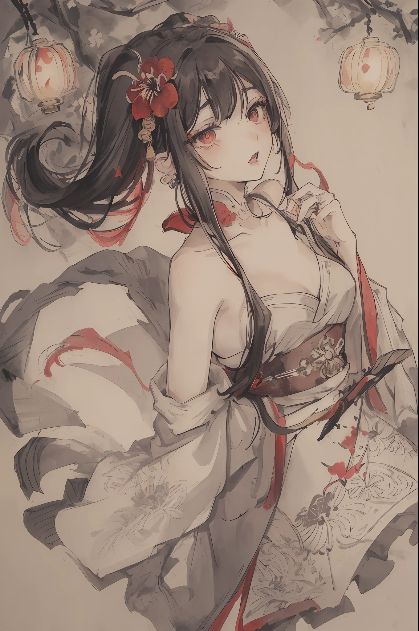 ((High resolution)), (Open Mouth), (Bust), (Top Quality), ((Super Fine)) (Super Fine CG)), ((8k_wallpaper)), Dynamic Angle, Floating, (Eyes with Beautiful Details), Very Delicate and Beautiful Girl, Upper Body, Ink Painting, (Chinese Style), Dark Eyes, Burning, Detail Light. from_low, (black hair), (red spider) lily: 1.33), aqua eye, (hair flower: 1.3), Bloom, single, starry sky, hair accessories, earrings, jewelry, messy hair, bare shoulders, half-closed eyes, bloom, (men), (Hanfu: 1.3), (Medium breasts): 1.2), (Eyeshadow, Red Eyeliner: 1.15), (Eyeshadow, Red Eyeliner: 1.15), (Eyeshadow, Red Eyeliner: 1.15), (Visible Eyes Through Hair: 1.2), (Solo Exhibition), Red Moon