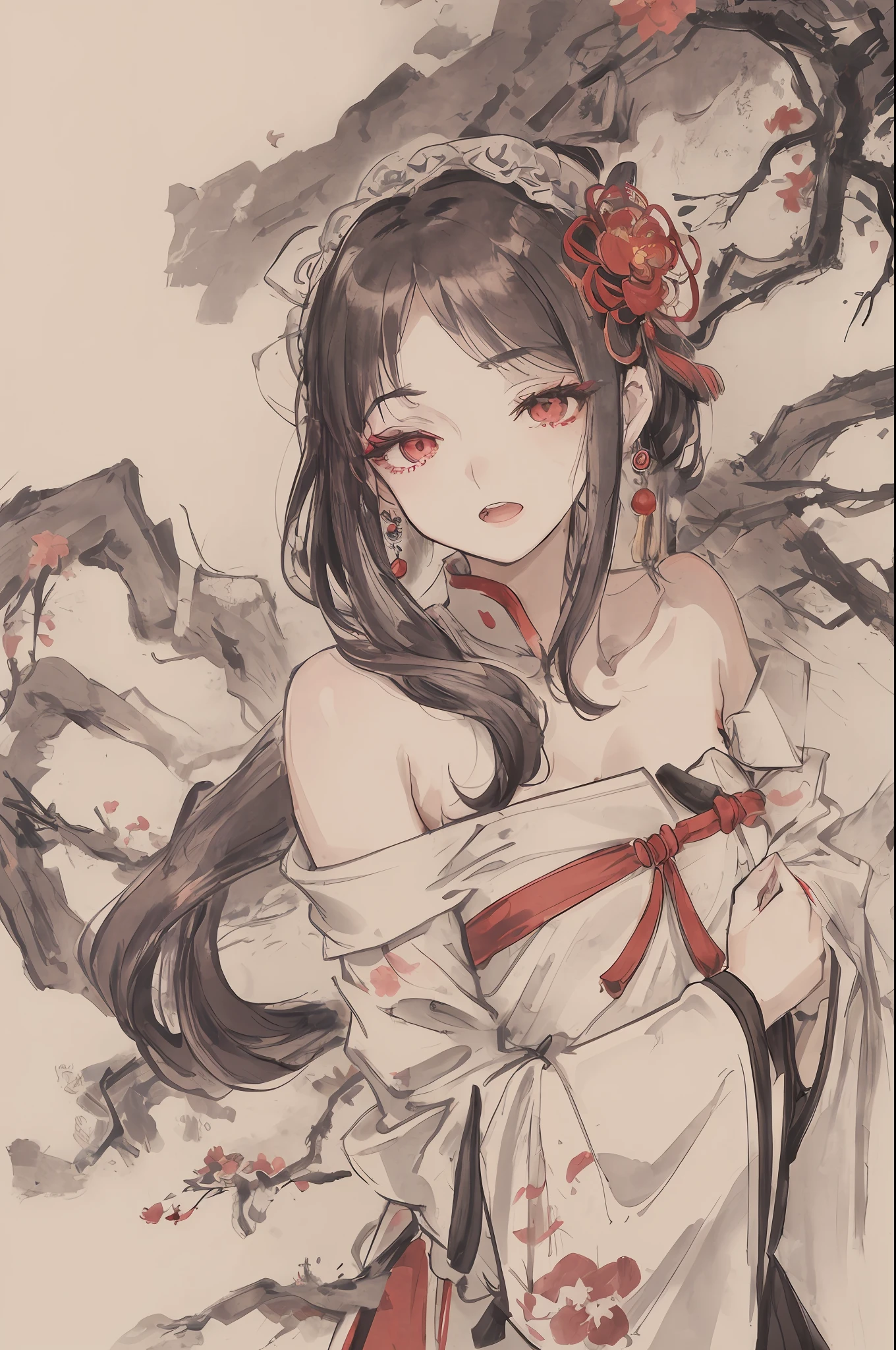 ((High resolution)), (Open Mouth), (Bust), (Top Quality), ((Super Fine)) (Super Fine CG)), ((8k_wallpaper)), Dynamic Angle, Floating, (Eyes with Beautiful Details), Very Delicate and Beautiful Girl, Upper Body, Ink Painting, (Chinese Style), Dark Eyes, Burning, Detail Light. from_low, (black hair), (red spider) lily: 1.33), aqua eye, (hair flower: 1.3), Bloom, single, starry sky, hair accessories, earrings, jewelry, messy hair, bare shoulders, half-closed eyes, bloom, (men), (Hanfu: 1.3), (Medium breasts): 1.2), (Eyeshadow, Red Eyeliner: 1.15), (Eyeshadow, Red Eyeliner: 1.15), (Eyeshadow, Red Eyeliner: 1.15), (Visible Eyes Through Hair: 1.2), (Solo Exhibition), Red Moon