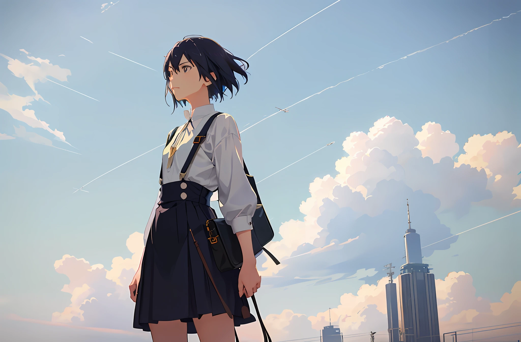 Small 20s girl in center, contrails, summer, Makoto Shinkai concept art, tumblr, magical realism, beautiful anime scene, beautiful sky. Makoto Shinkai, ((新海誠)), anime background art, anime background, Makoto Shinkai's style, anime movie background, galaxy express, no human. --v6