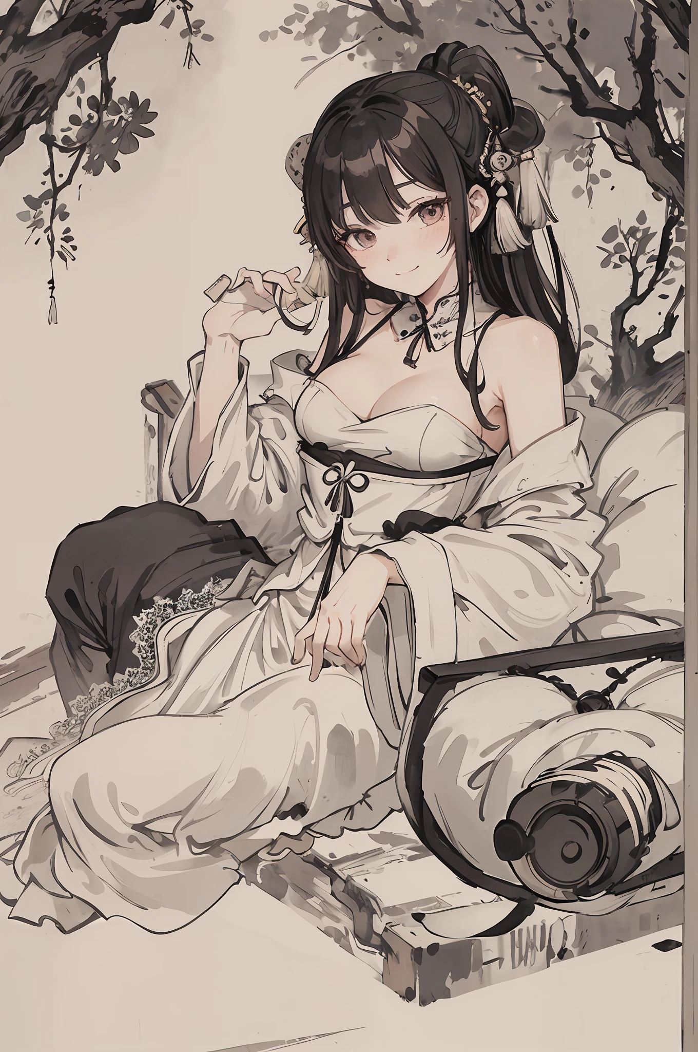 8K, (Masterpiece, Best Quality: 1.2), Traditional Chinese Ink Painting, A Cute 18 Year Old Woman, Medium , Sexyite Lace, Oversized Dress: 1.5, Sofa, Ultra Detailed Face, Detailed Eyes, Double Eyelids, SFW, Long Dress, Shy Smile